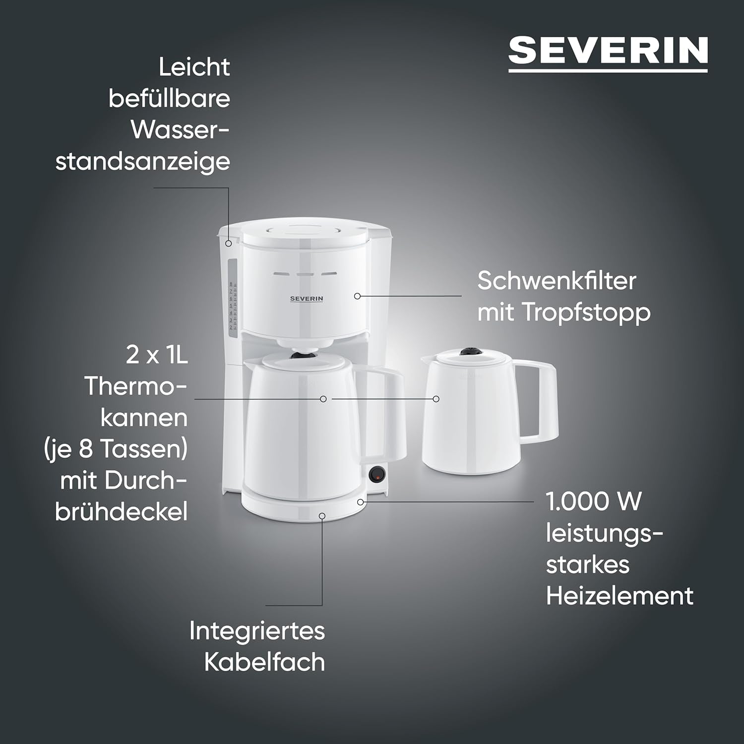 Machine à expresso Severin avec filtre et 2 carafes thermiques, machine à expresso avec couvercle, versement sans goutte, maintien longue température, arrêt automatique, 1000 W, env. 1 litre, blanc, KA 9309