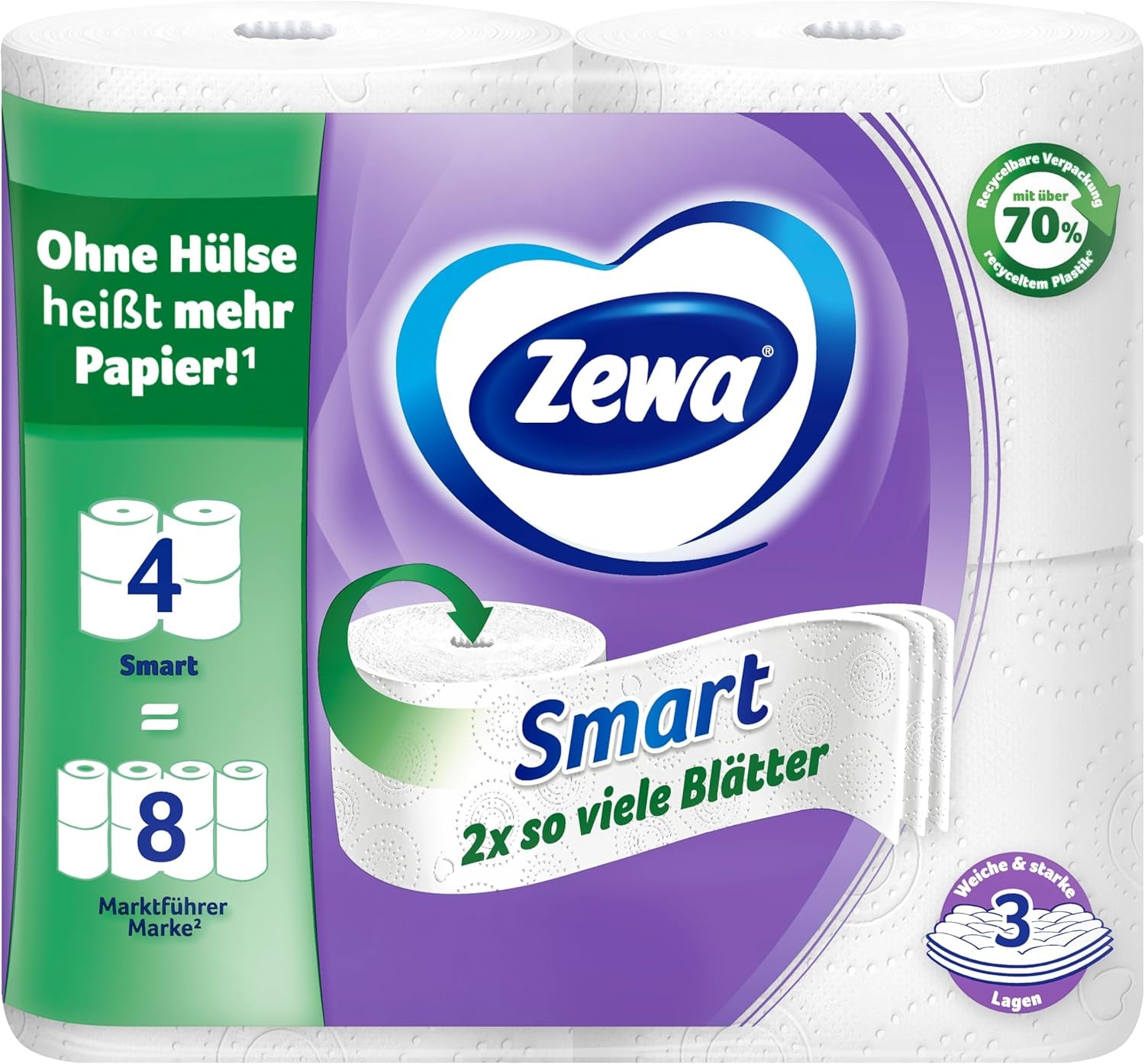 Papier toilette Zewa Smart sans manches, paquet en vrac de 36 rouleaux (9 X 4 X 300 feuilles)