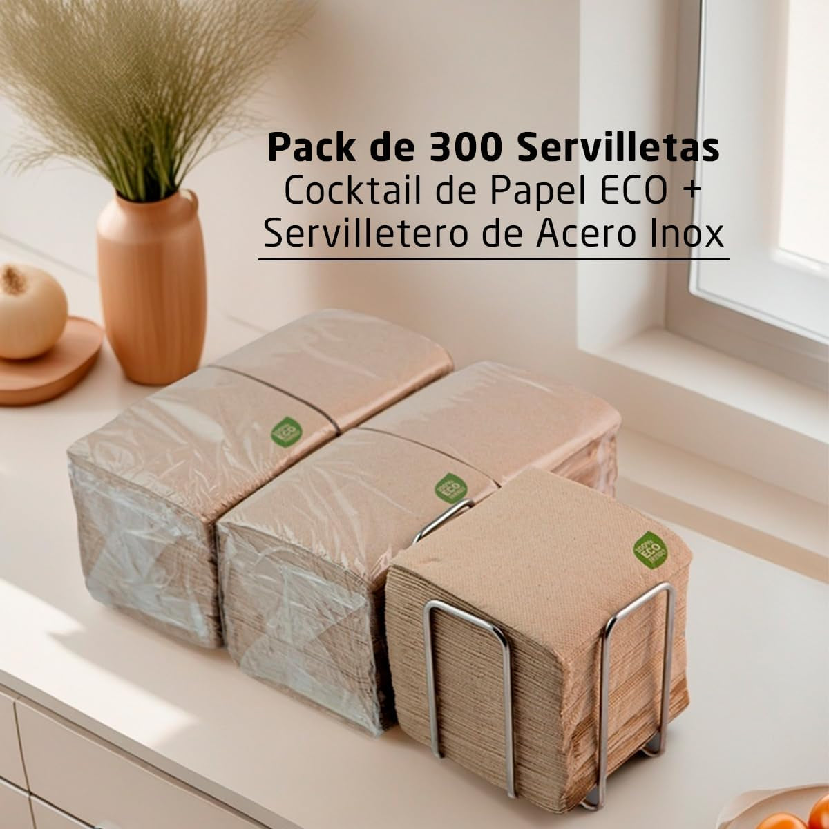 Paquet de 300 serviettes en papier cocktail, 100 % recyclables et biodégradables, porte-serviettes en acier inoxydable, serviettes écologiques, 10 x 10 cm, pliées.