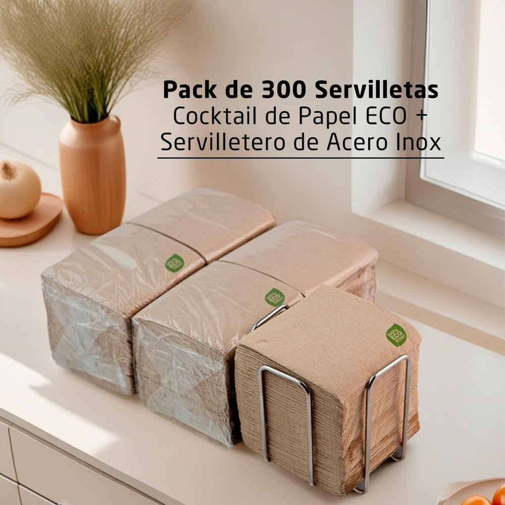 Paquet de 300 serviettes en papier cocktail, 100 % recyclables et biodégradables, porte-serviettes en acier inoxydable, serviettes écologiques, 10 x 10 cm, pliées.
