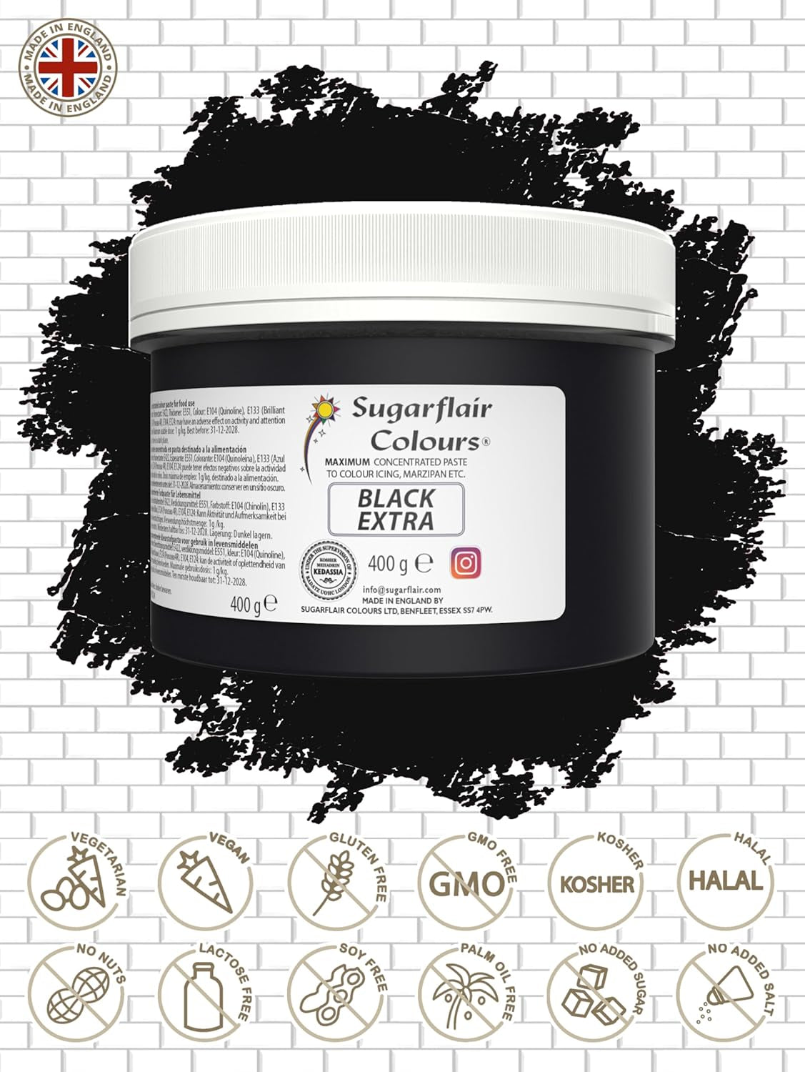 Colorant alimentaire Sugarflair Max Concentré Noir, colorant alimentaire très concentré pour pâte d'amande et fondant, colorant en pâte Max Concentrate - 400 g