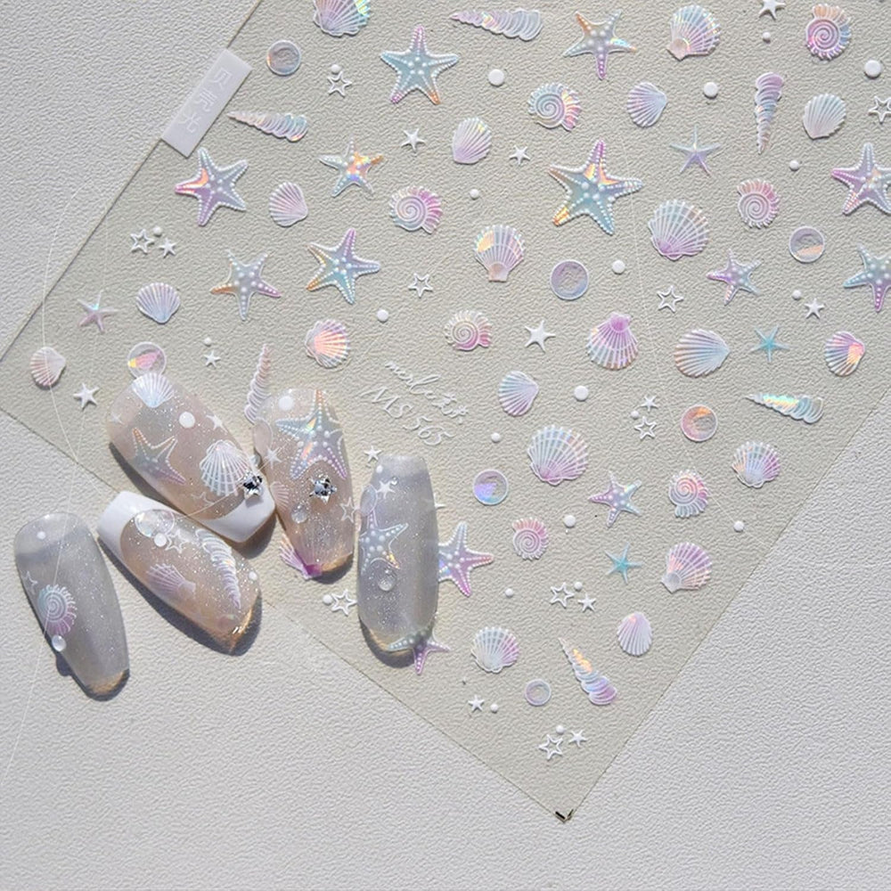 JMEOWIO Autocollant de manucure 3D Aurora Muschel Seestern Nail Art autocollant autocollant autocollant 5D stéréoscopique Ozean thème décoration Design de manucure 1 pièce