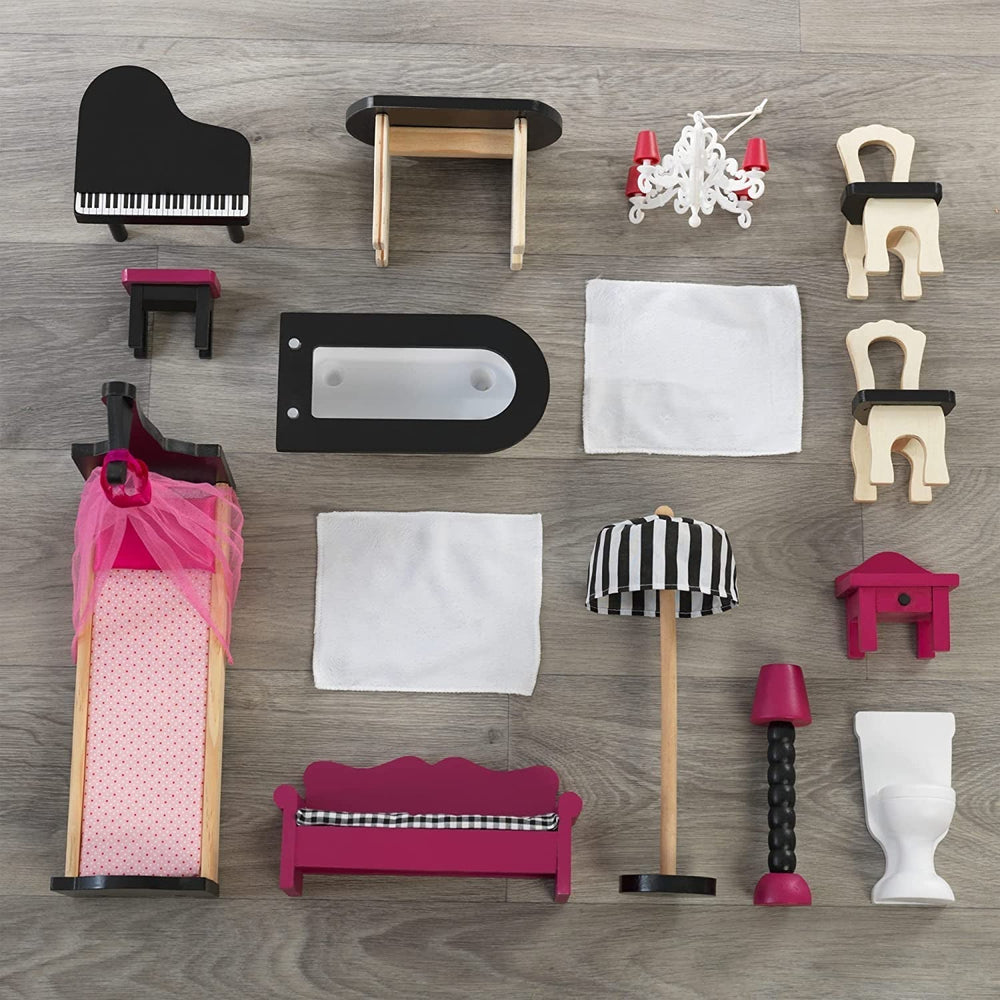 Kidkraft Maison de poupée en bois Amelia avec meubles et accessoires, ensemble de jeu avec balcon et ascenseur pour poupées de 30 cm, jouet pour 3 ans, 65093 Naty Shop Dollhouses