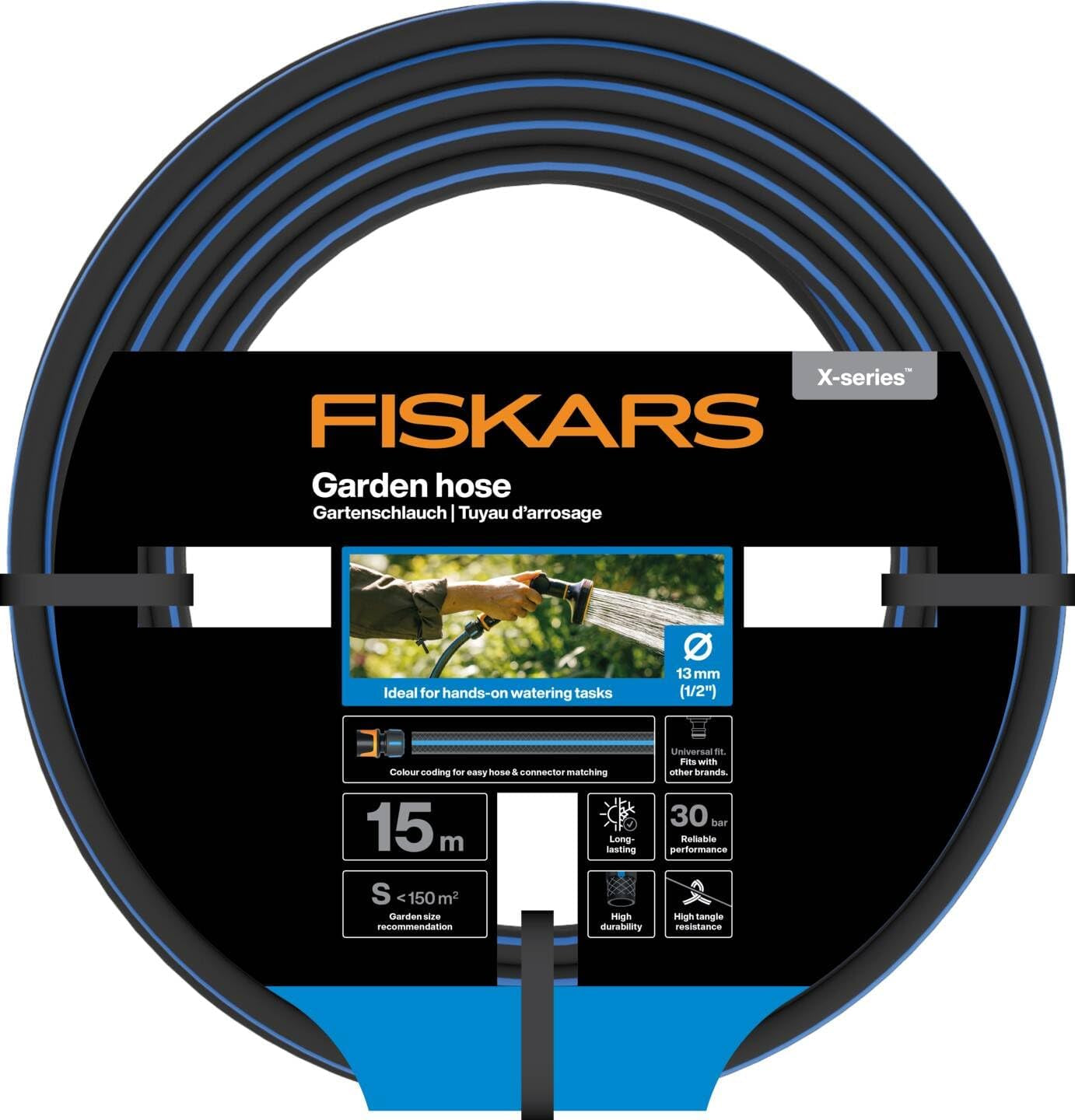 Fiskars Tuyau d'arrosage S, Série X, Tuyau d'arrosage pour arrosage manuel, 13 mm (1/2"), Longueur : 15 m, Raccord universel, Protection UV, Protection contre le gel, Résistant à la torsion, Bleu, 1076044