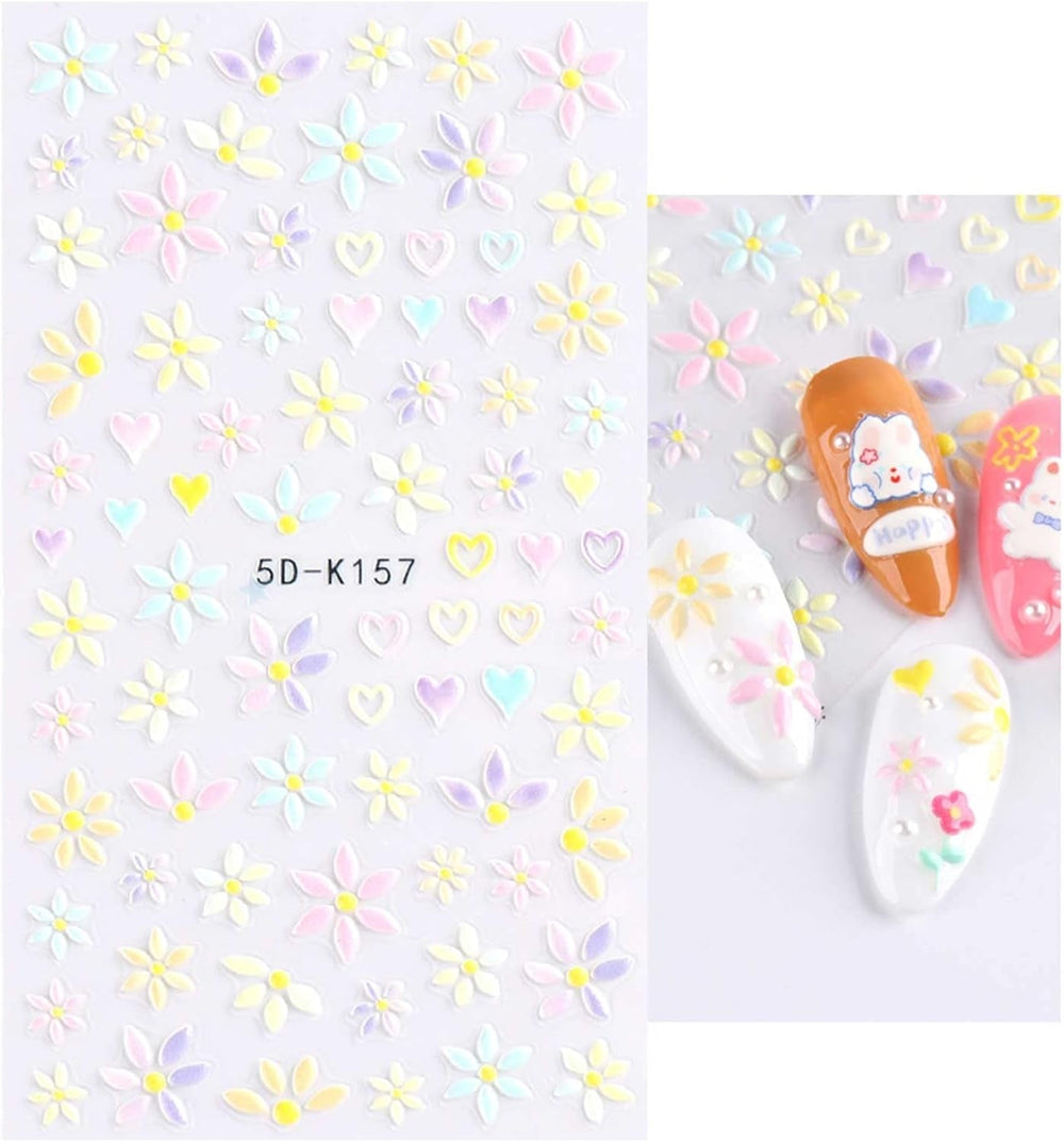 JMEOWIO 3D Nagelsticker Frühling Blumen 5 Blatt Nagelaufkleber 5D Stereoskopisch Selbstklebend Bunte Blüte Nail Art Sticker Décoration Nageldesign Zubehör