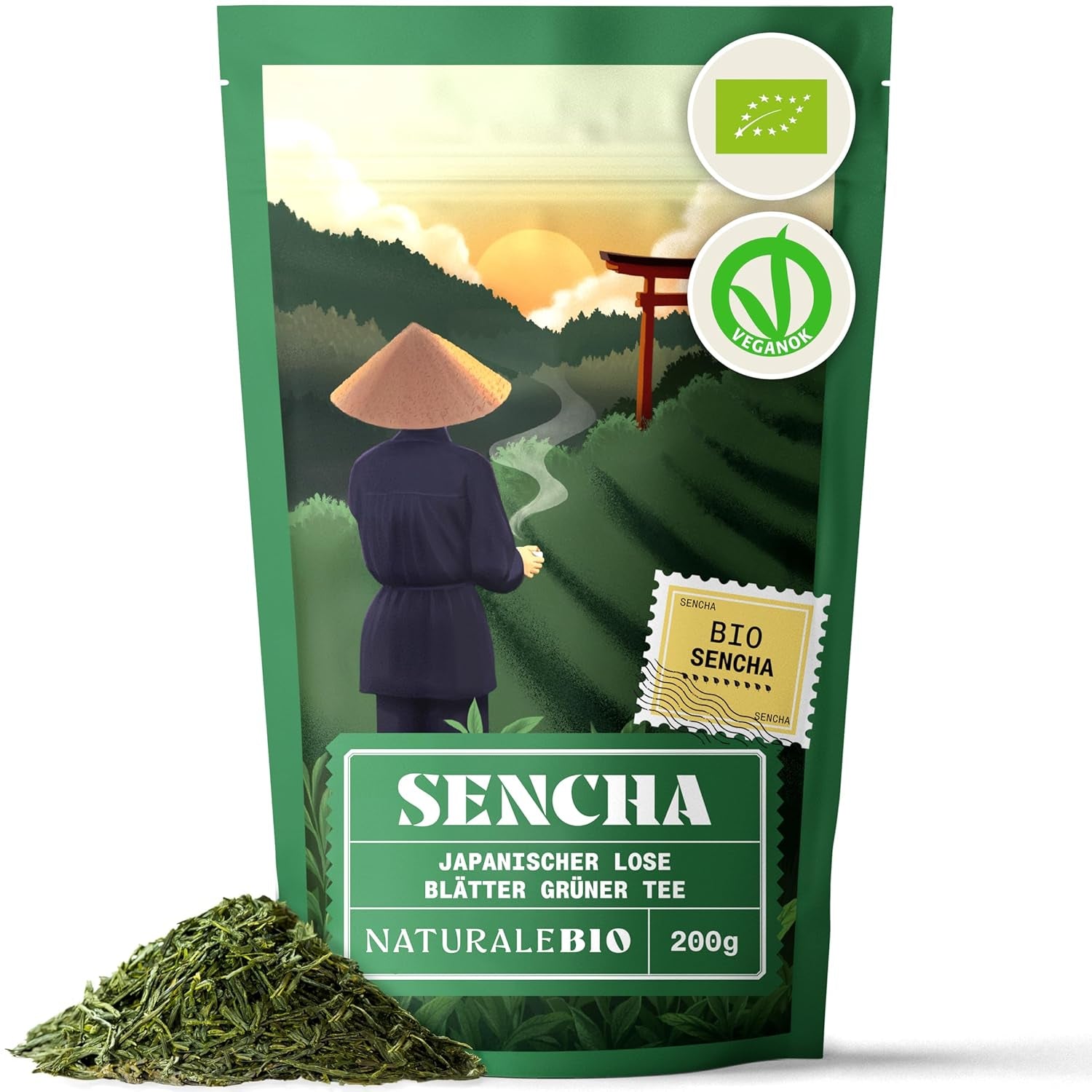 Thé Sencha japonais Naturalebio - 200 g Thé vert bio - Thé vert Sencha 100% pur et naturel - feuilles en vrac de la première récolte - produit biologique cultivé au Japon