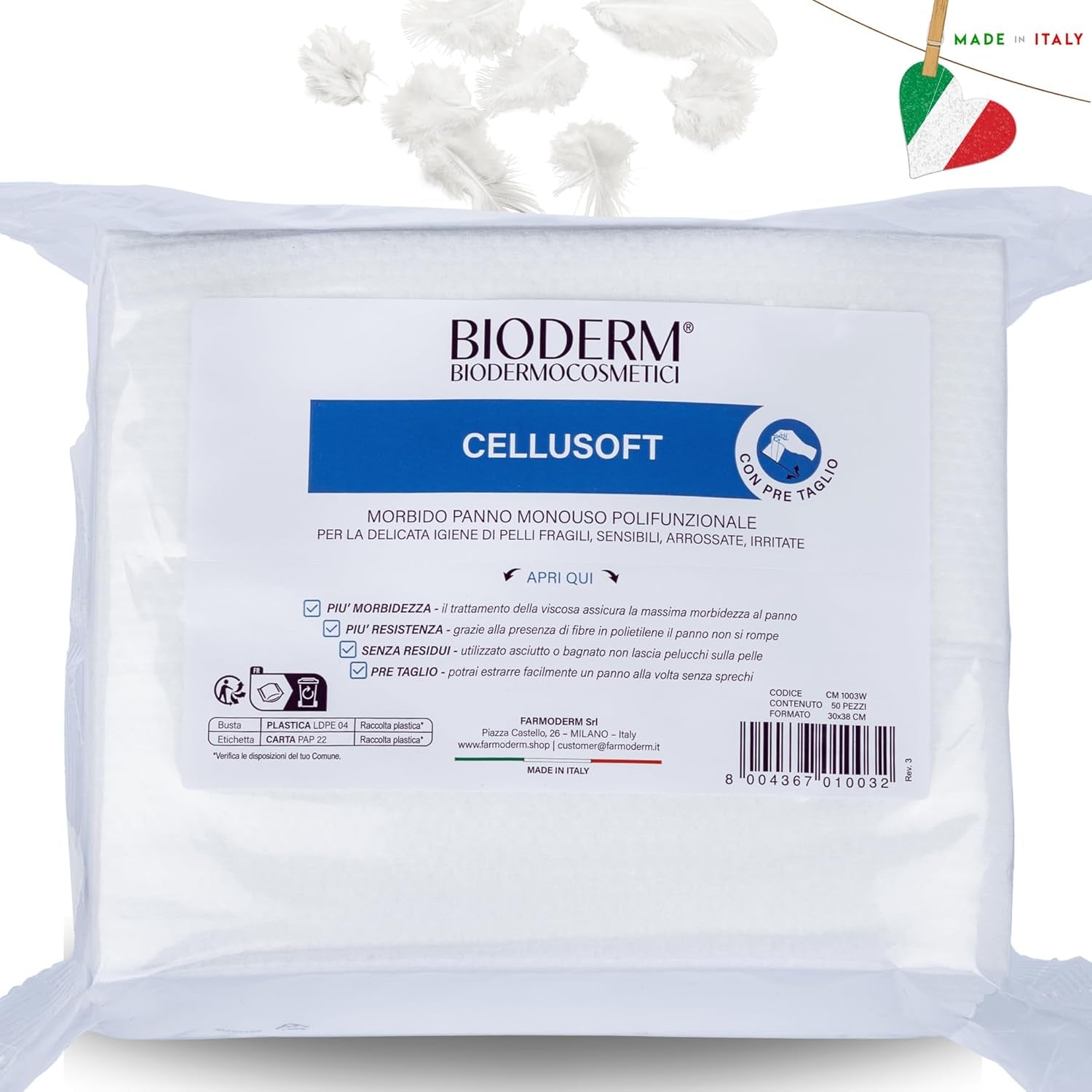 BIODERM Cellusoft - lingettes humides douces multifonctions jetables en viscose et polyester - lingettes multifonctions pour l'hygiène délicate des peaux sensibles et rougies des personnes âgées et des enfants - 30 x 38 cm (50