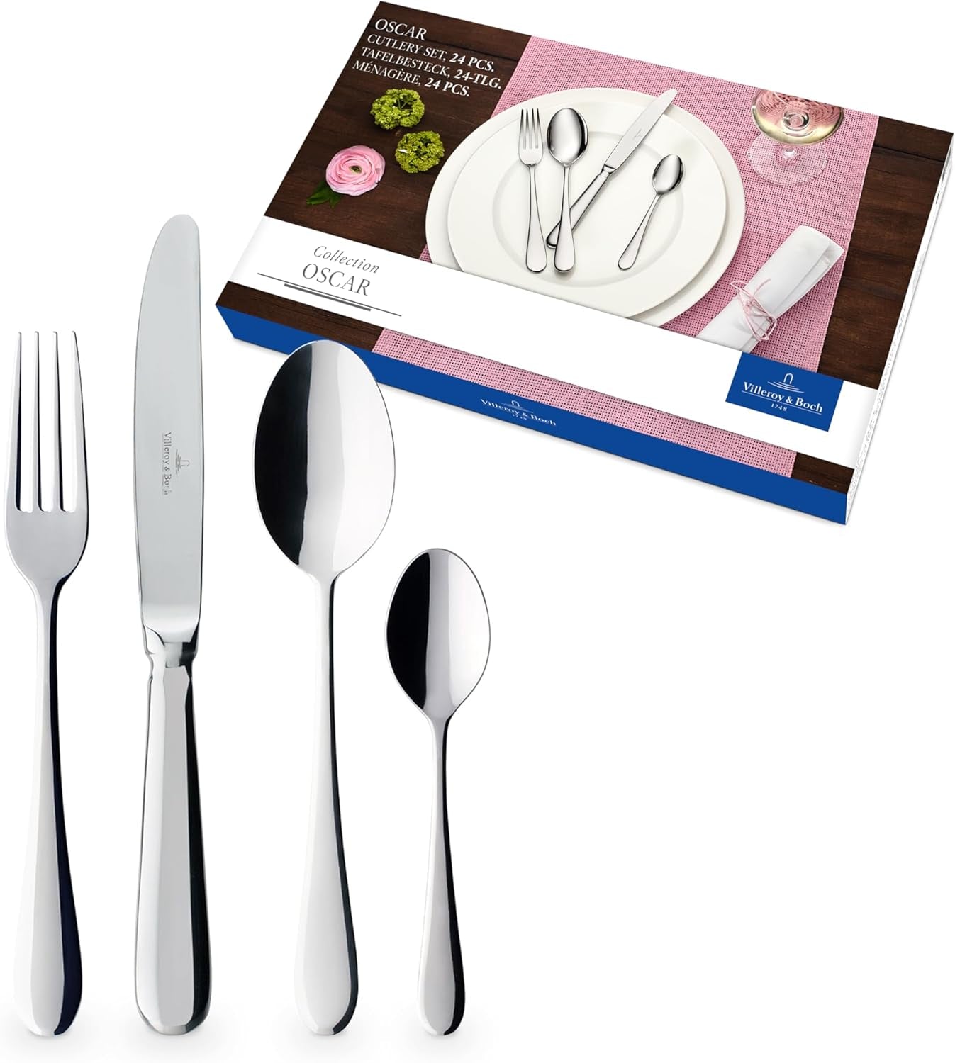 Villeroy & Boch – Oscar Tafelbesteck 24 Teilig 6 Personen, Spülmaschinenfest, Rostfrei, Besteck Set, Essbesteck, Messer Gabel Löffel Set, Set de couverts, Besteckset Edelstahl, Edelstahl Kitchen Naty Shop Single 24-Teilig