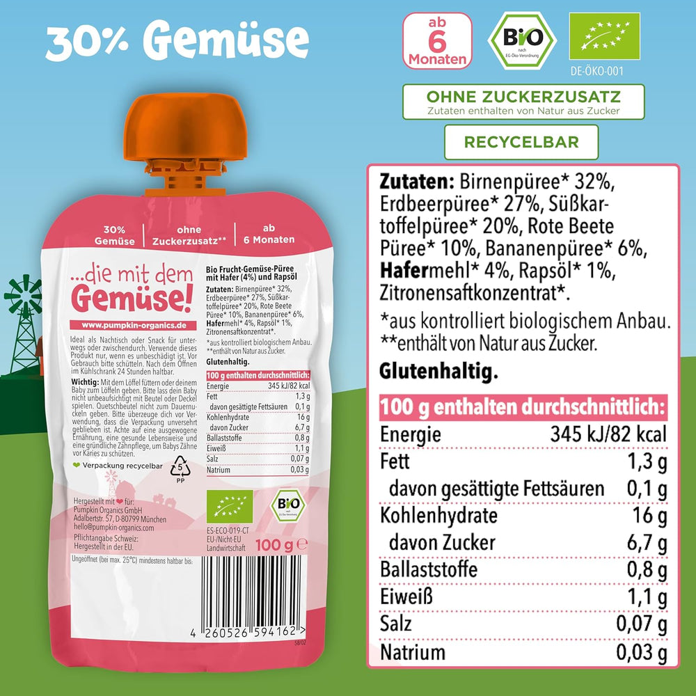Sachets de légumes et céréales biologiques Pumpkin Organics, pack de 8 : Poire, Fraises, Patate douce, Betterave, Banane, Avoine - Sans sucre ajouté¹ - Dès 6 mois - comme collation ou aliment complémentaire dans l'emballage (8 x 100g)