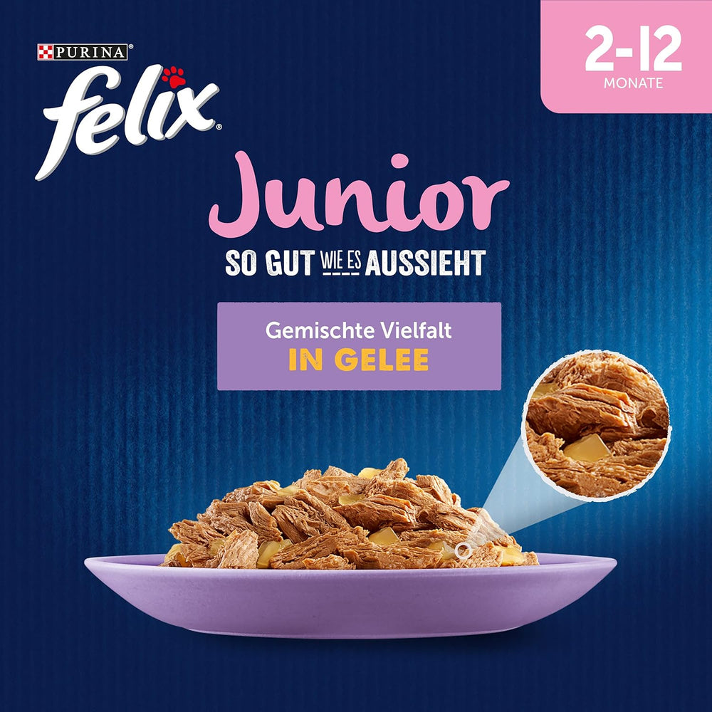 Felix As Good As It Looks Junior Nourriture humide en gelée pour chatons, mélange assorti, paquet de 6 (6 x 12 sachets de 85 g chacun)