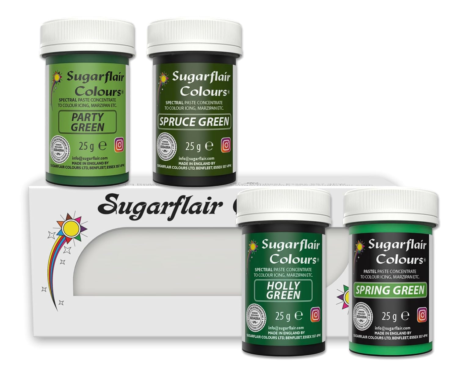 Sugarflair Pasta Colorant Alimentaire, Vert, Lot de 4, Colorant Alimentaire pour Pâtes, Fondant, Massepain, Pâte à Sucre, Crème au Beurre et Plus encore : Vert Ilex, Vert Printemps, Vert Épicéa, Vert Fête - Lot de 4
