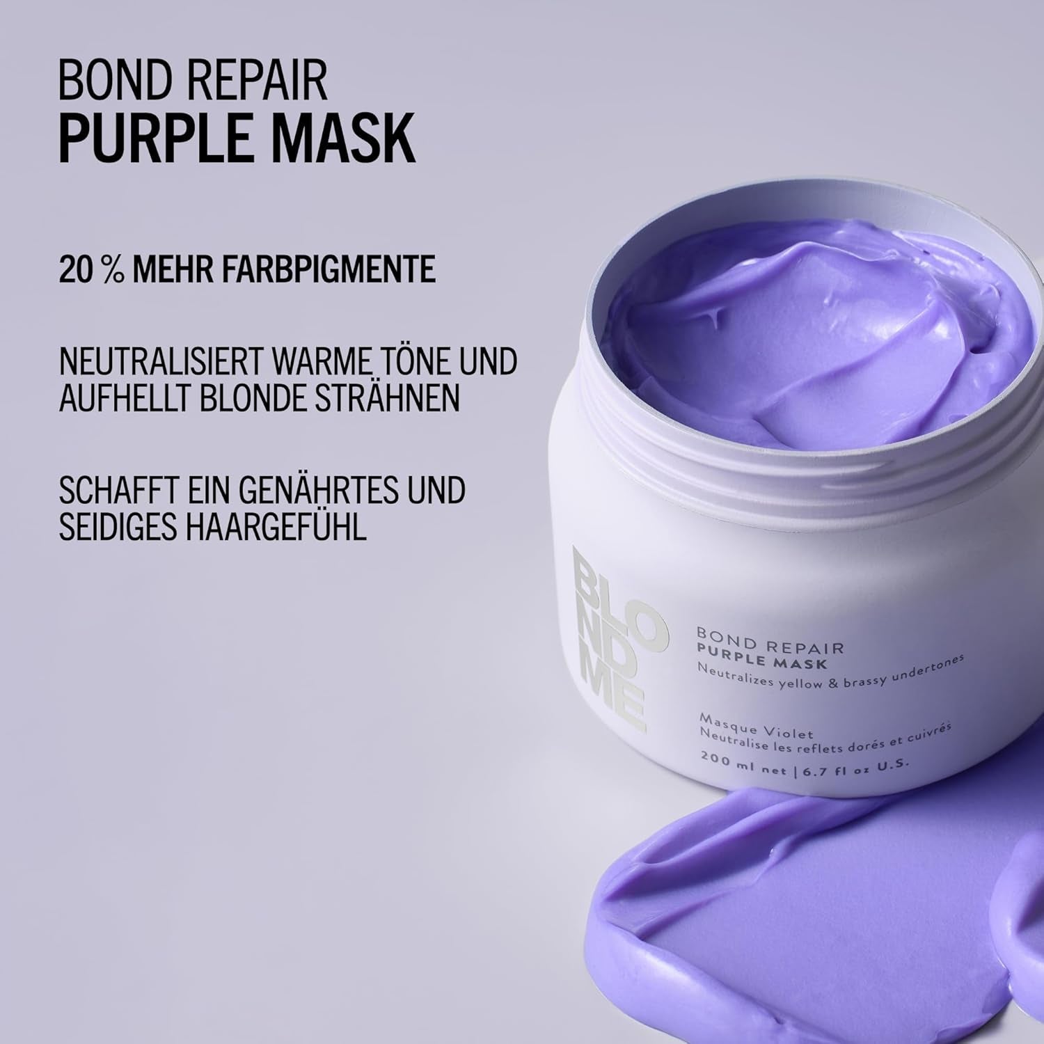 Schwarzkopf Professional BLONDME Bond Repair Purple Mask Masque pour cheveux frais Neutralise les tons jaunes pour cheveux teints, décolorés et clairs Revitalisant et fortifiant en profondeur 200 ml Masque capillaire Naty Shop