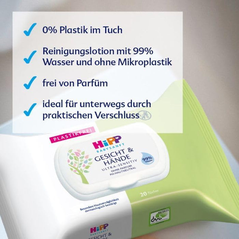 HiPP Baby Lingettes humides douces pour le visage et les mains, paquet de 12 (12 x 20 pièces)