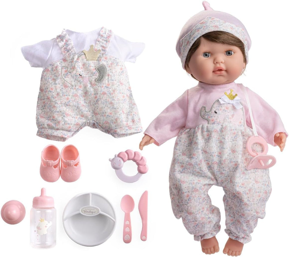 38 cm große realistische Babystoffpuppe mit offenen/geschlossenen Augen | JC Toys - Berenguer Boutique | 10-teiliges Geschenkset mit Flasche, Rassel, Schnuller & Zubehör | Blau | ab 2 Jahren.