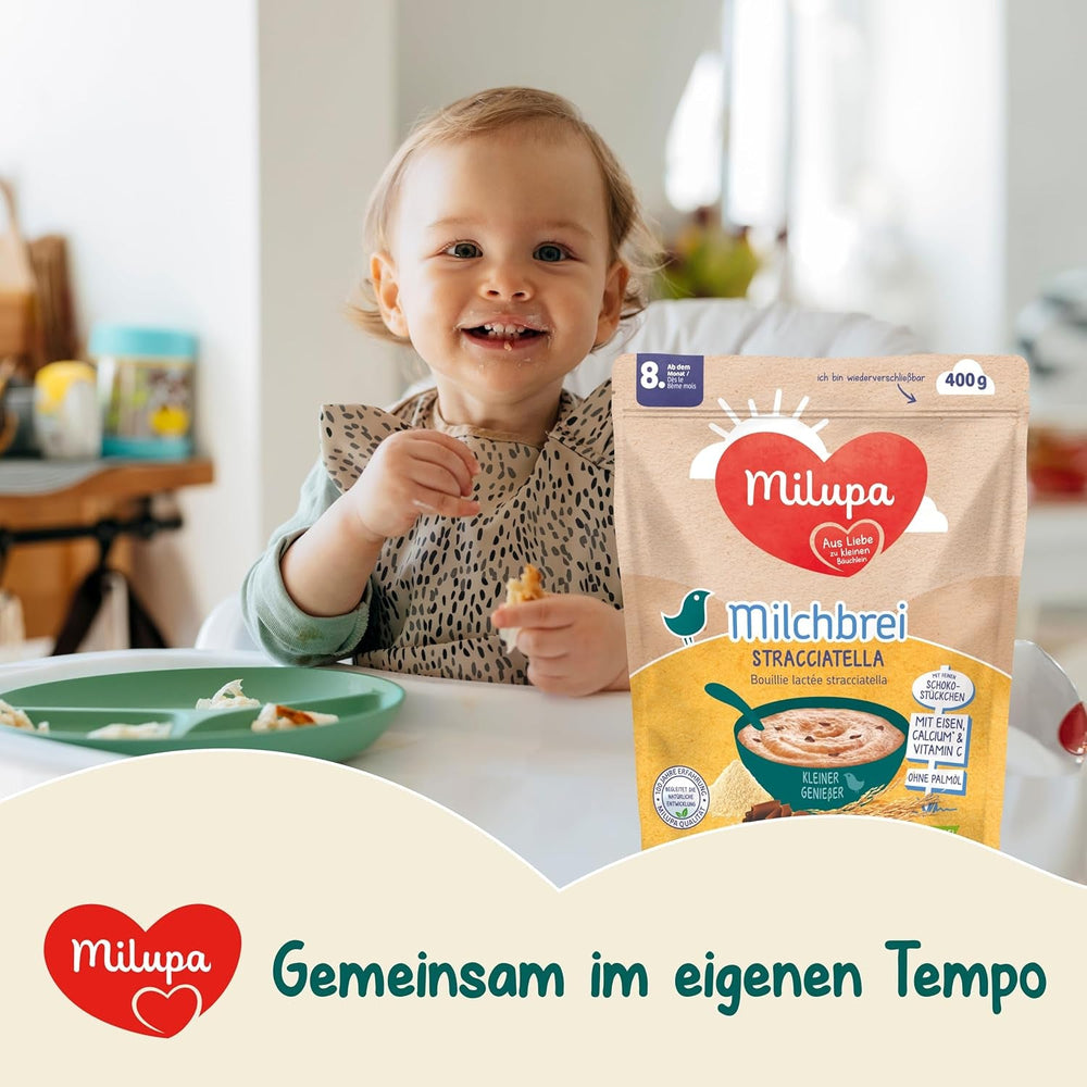 Terci de lapte Milupa Stracciatella – Cereale pentru bebeluși fără gluten, fără ulei de palmier – Fără conservanți și coloranți – De la 8 luni – 4 x 400 g