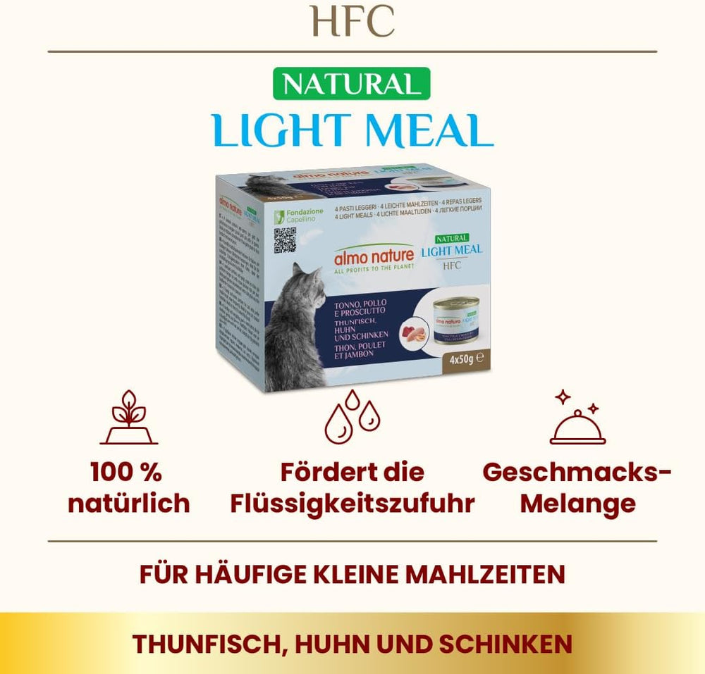 Almo Nature HFC Natural Light Meal - Nassfutter für Katzen - Thunfisch, Huhn & Schinken - Qualité humaine, sans gluten - 50 g, paquet de 4