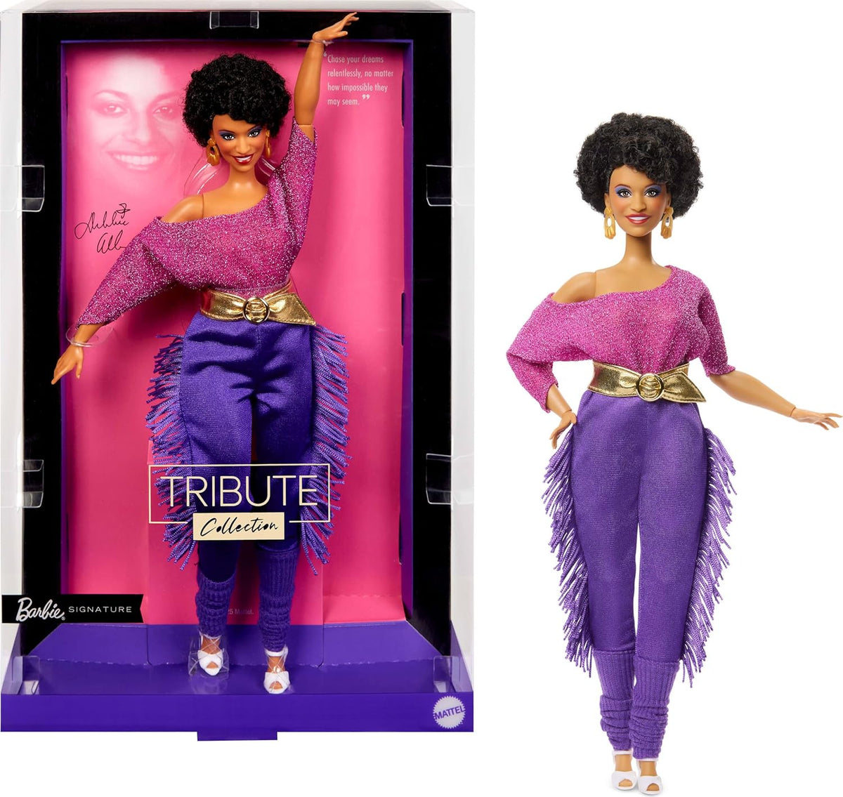 Barbie Signature Debbie Allen Tribute Collection Poupée en haut à épaules dénudées, ceinture dorée et pantalon et leggings à franges violets, JBJ24