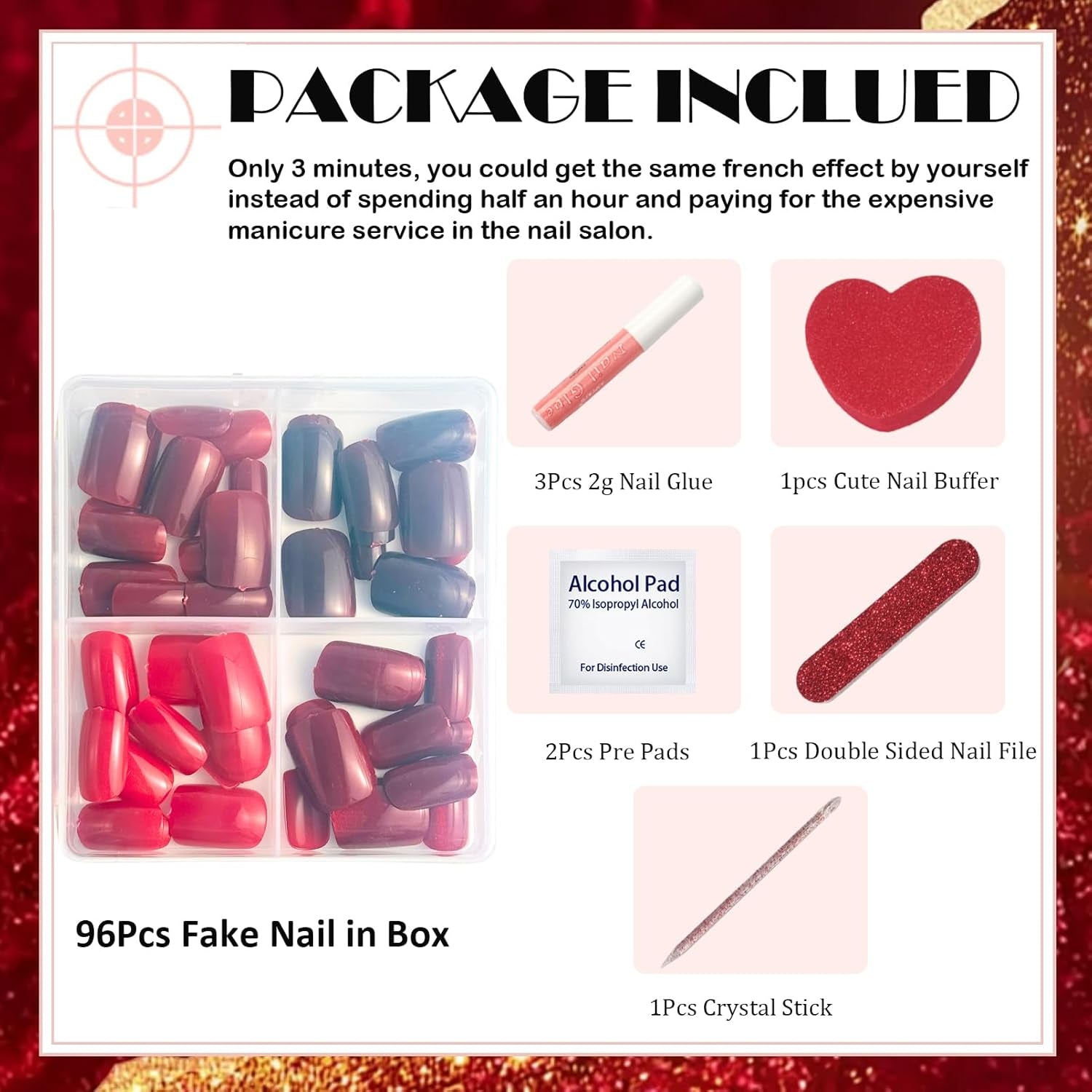 96 pièces d'ongles courts en acrylique rouge à couverture complète – ongles artificiels brillants naturels et confortables pour le Nouvel An pour femmes et filles (style rouge et brillant)