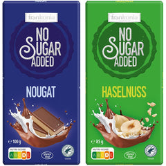 Chocolat au nougat, sans sucre ajouté, sans gluten, 100g et chocolat aux noisettes, sans sucre ajouté, sans gluten, 85g