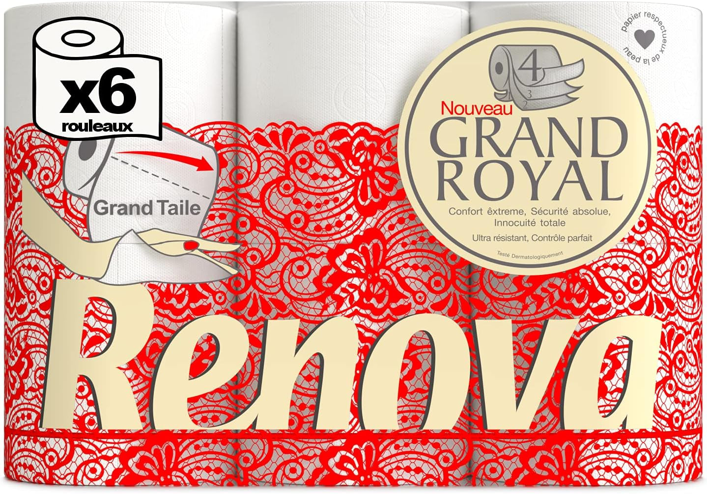 Papier toilette Renova Renova Grand Royal 4 épaisseurs - 6 rouleaux, Large (paquet de 5)