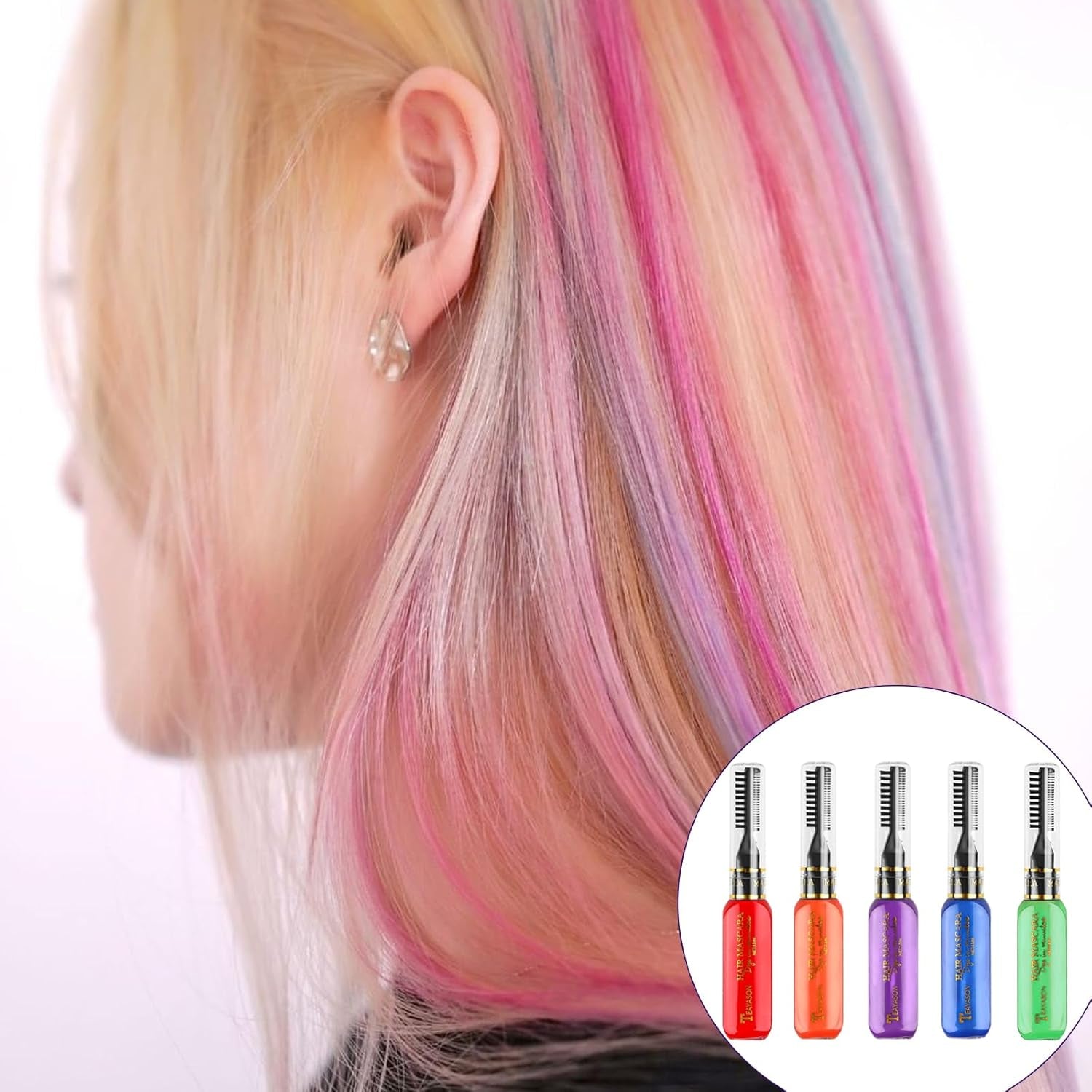 5 couleurs de teinture capillaire temporaire Cire colorée pour cheveux Mascara pour teinture capillaire temporaire pour filles et femmes Craie de teinture capillaire lavable Convient pour les anniversaires Cosplay DIY Halloween Coloration capillaire Naty Shop