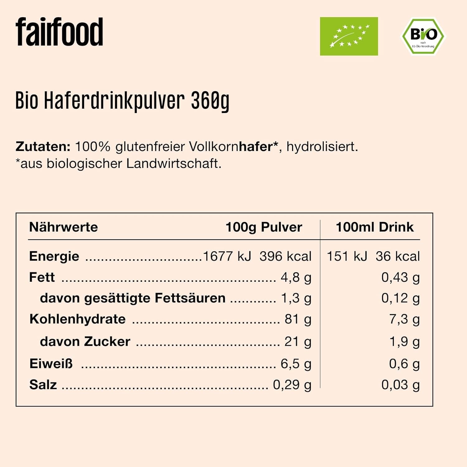 fairfood Bio Haferdrink Pulver 360g - nachhaltige Milchalternative - végétalien, sans gluten et sans huile - jusqu'à 4L Haferdrink - zum Selbermischen - 100% Bio-Vollkornhafer