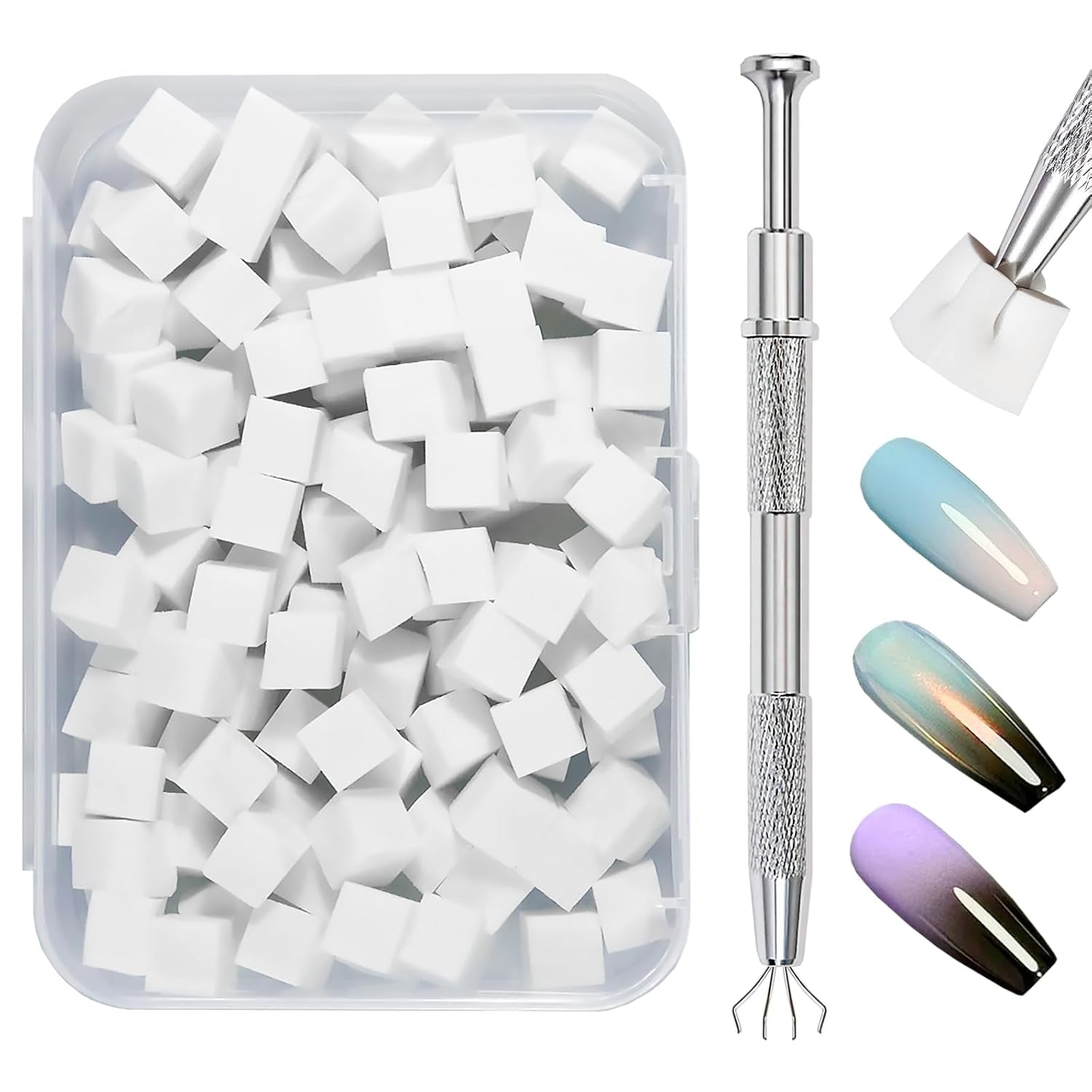Qufiiry 200 Stück Nail Art Schwämme Mit Metallgreifer, Nagelkunst Schwammpinsel, Maniküre Zubehör Für Nägel, Um Eine Vielzahl Von Gradient Nail Art Patterns Zu Erstellen(Weiß)
