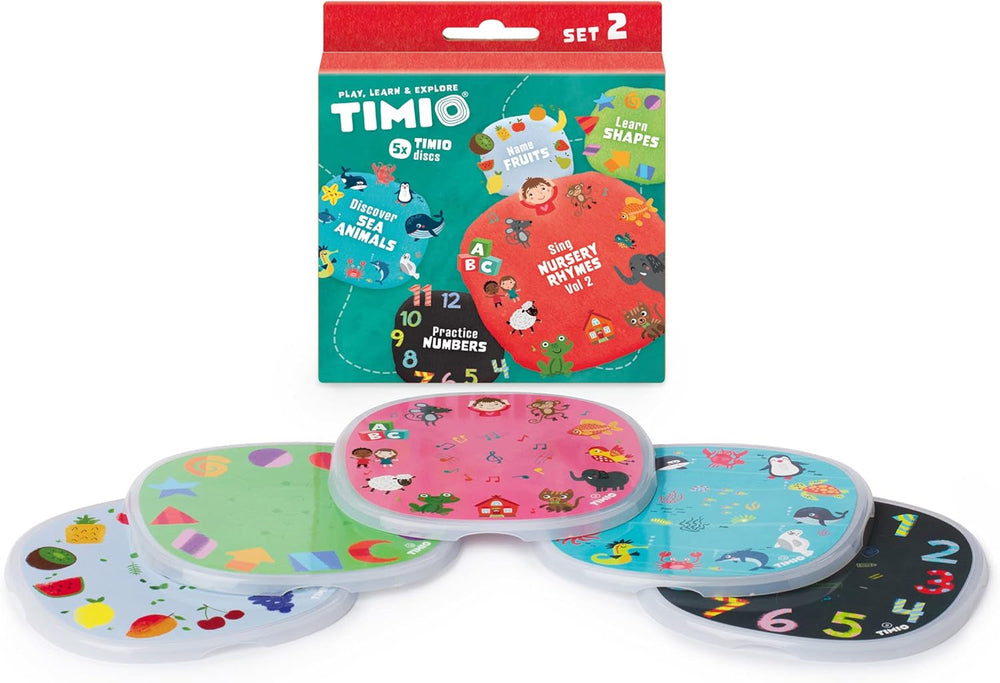 TIMIO Disc Set #1 : 5 disques audio pour TIMIO Player | Apprenez les couleurs, les animaux sauvages, les instruments de musique, 96 comptines Vol 1, les parties du corps | 8 langues incluses | Jouet d'apprentissage de 2 à 6 ans Bebe Toys Naty Shop Timio Disc Set 2
