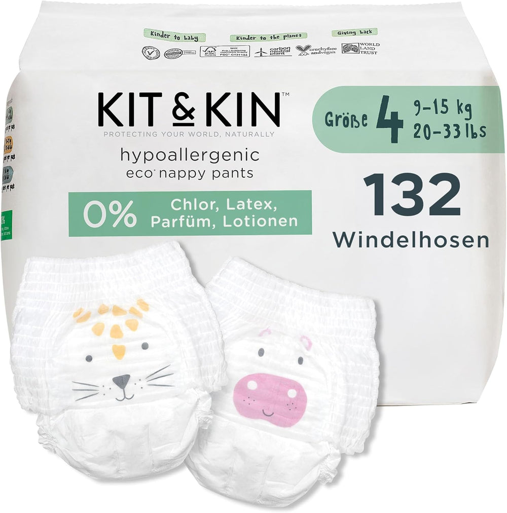 Kit & Kin Premium Eco Couches, taille 4 (9-16 kg), 132 couches, à base de plantes et hypoallergéniques, protection fiable contre les fuites, végétaliennes et sans cruauté envers les animaux
