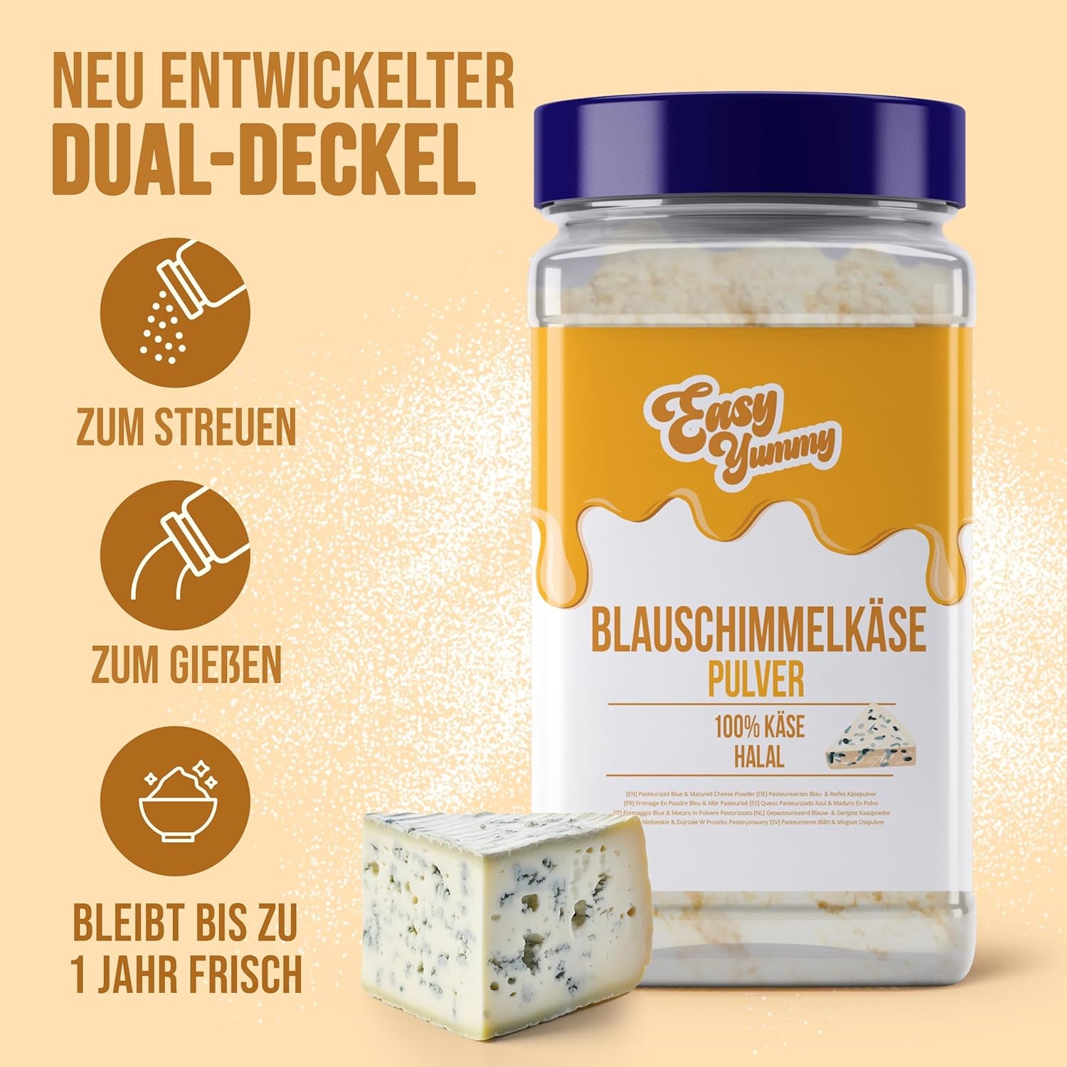 EASY YUMMY - Poudre de Käsepulver 300g | Gâteaux instantanés pour plats à emporter et snacks | Immer Bereit, Keine Kühlung Nötig | Aus 100% vrai fromage | Idéal comme garniture de pop-corn
