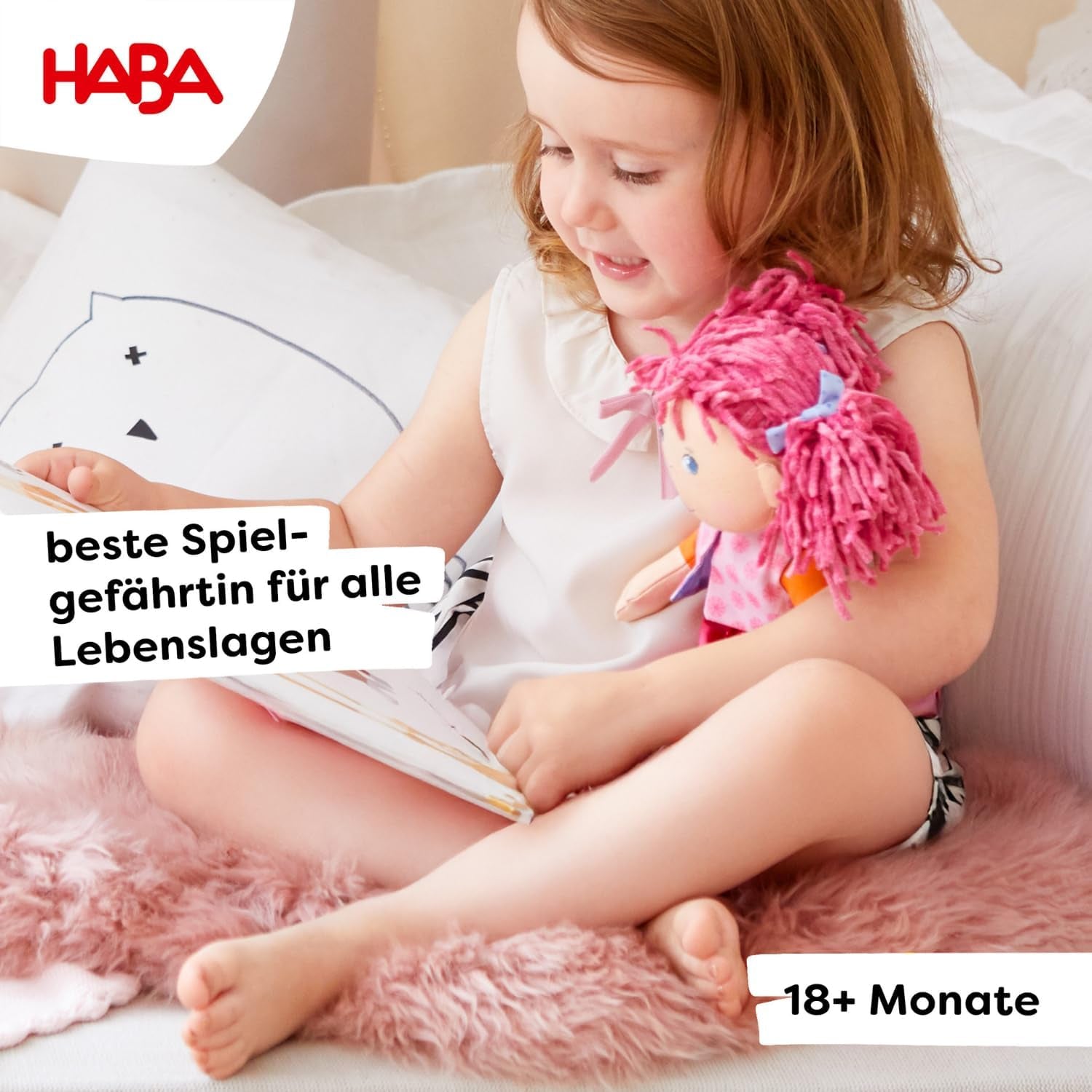 HABA Puppe Lilli-Lou – Weiche Stoffpuppe ab 18 Monaten – 30 cm mit Kleidung & Haaren – Ideale Spielgefährtin für Kleinkinder – 1302842001