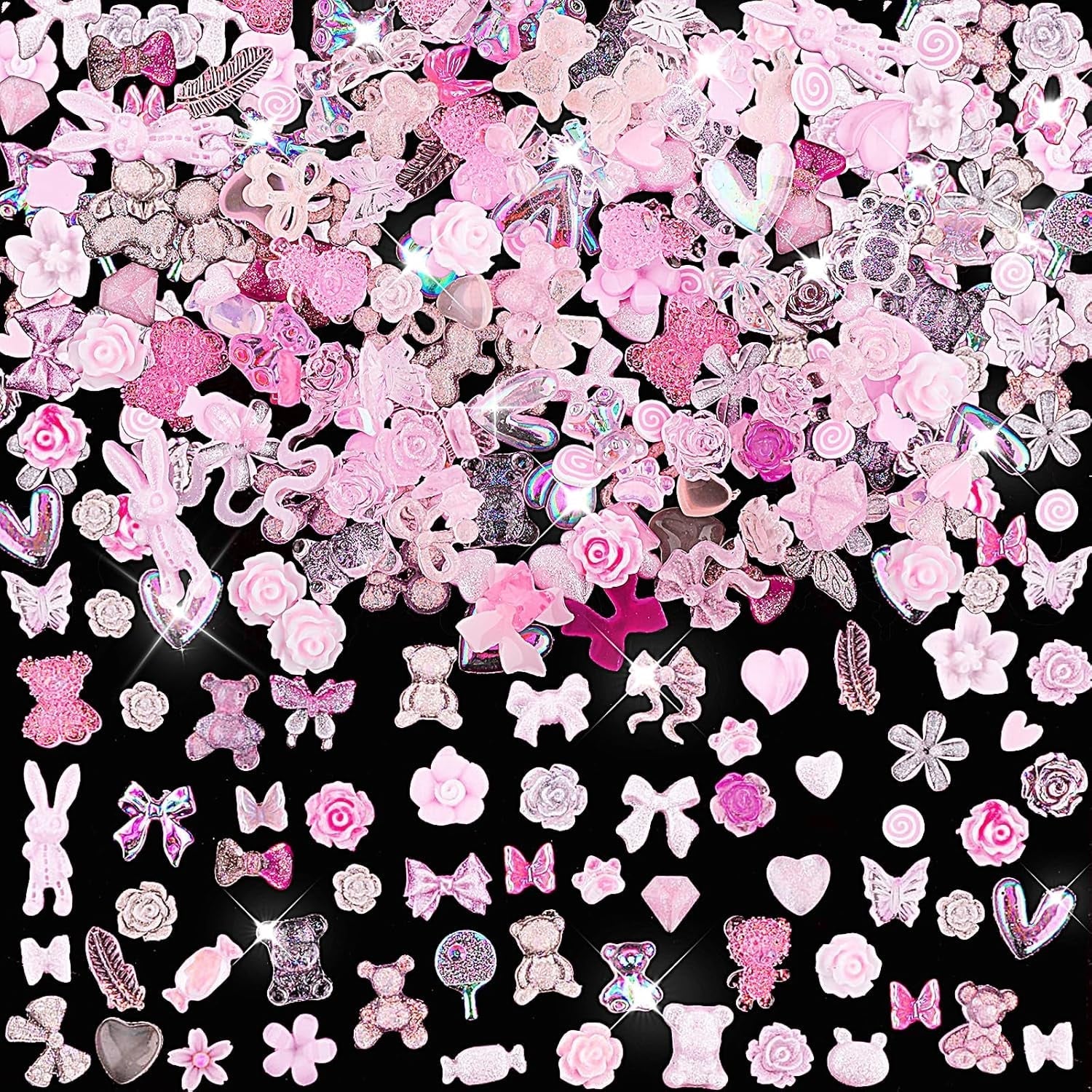 200 Pièces Breloques Nail Art 3D Ensemble de Décoration Nail Art Nœud Pendentif Ongle Rose Style Mixte Nœud Fleur Ours en Peluche Sucette Forme de Coeur Décoration Nail Art DIY Artisanat Conception d'Ongles