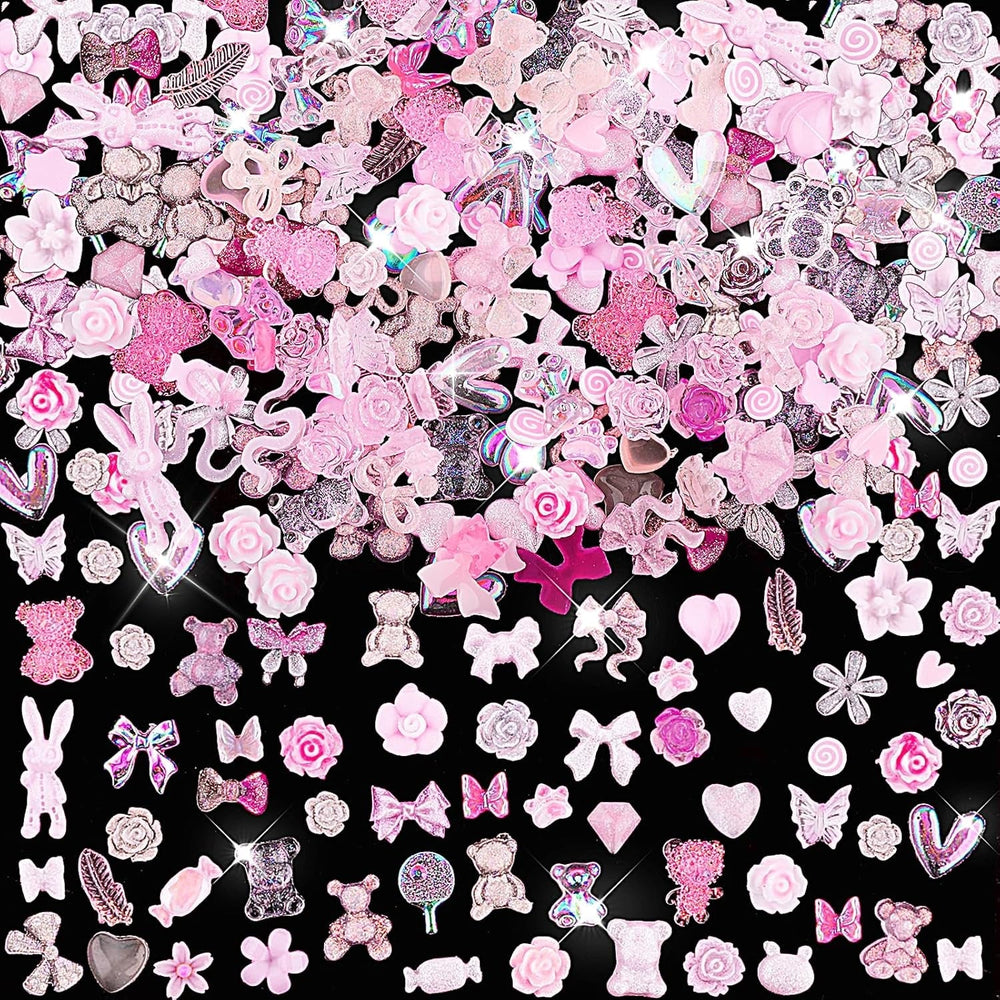 200 Pièces Breloques Nail Art 3D Ensemble de Décoration Nail Art Nœud Pendentif Ongle Rose Style Mixte Nœud Fleur Ours en Peluche Sucette Forme de Coeur Décoration Nail Art DIY Artisanat Conception d'Ongles