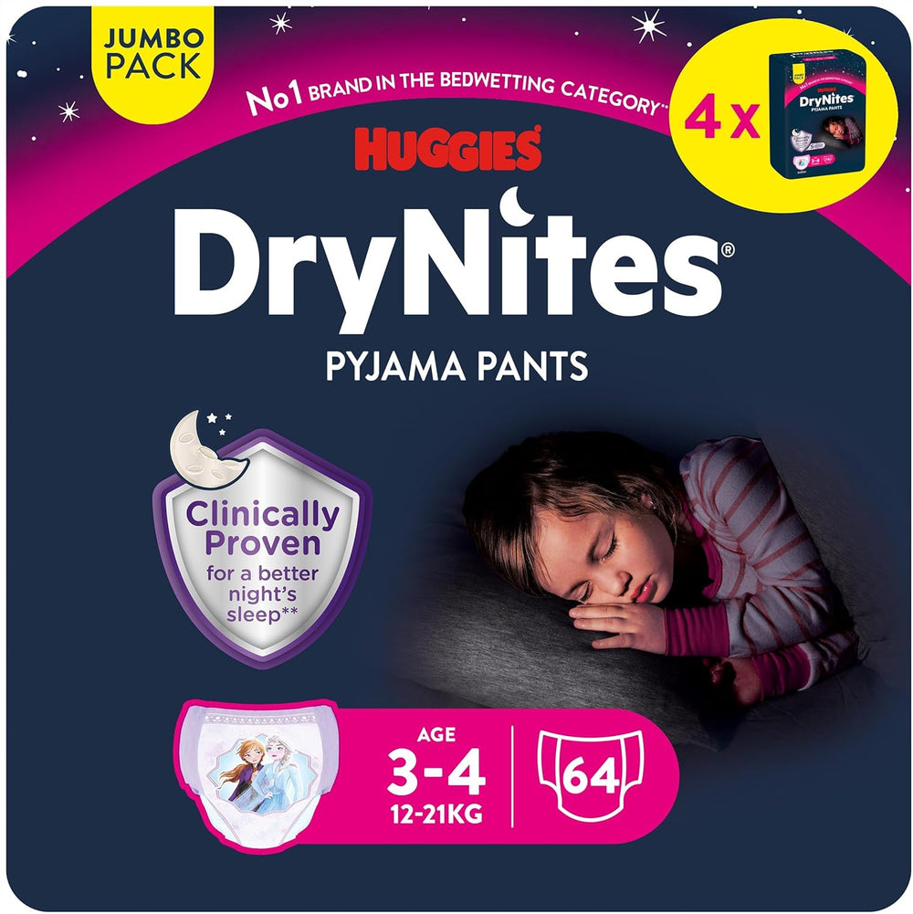 Couches de nuit super absorbantes Huggies DryNites pour filles de 3 à 4 ans (12 à 21 kg), 4 x 16 pièces (64 pièces au total), paquet de culottes mensuel