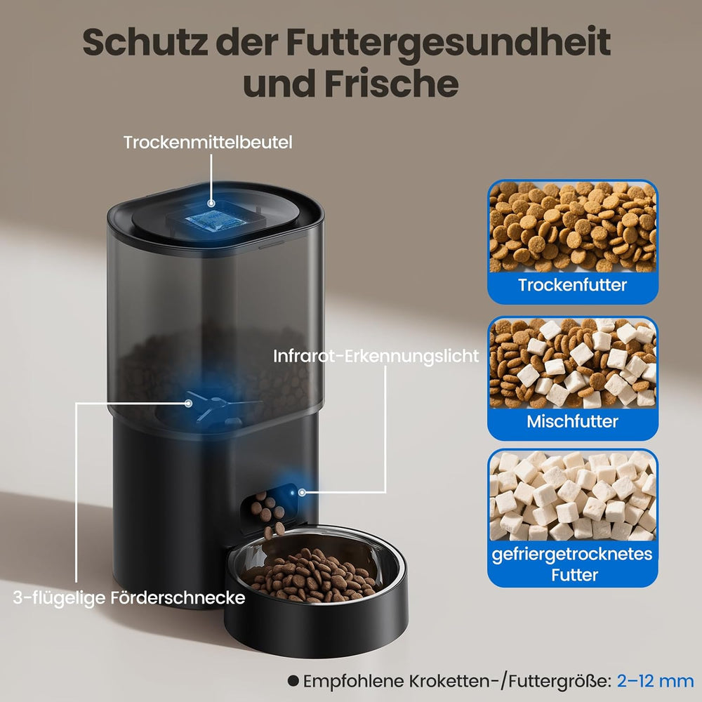 3L Automatischer Katzenfutterspender 2.5L Katzenbrunnen-Set, geräuscharmes App-steuertees Fernfütterungsgerät mit 10 Mahlzeiten per Tag, Anti-Verstopfungs-Design, idéal pour Katzen & Welpen