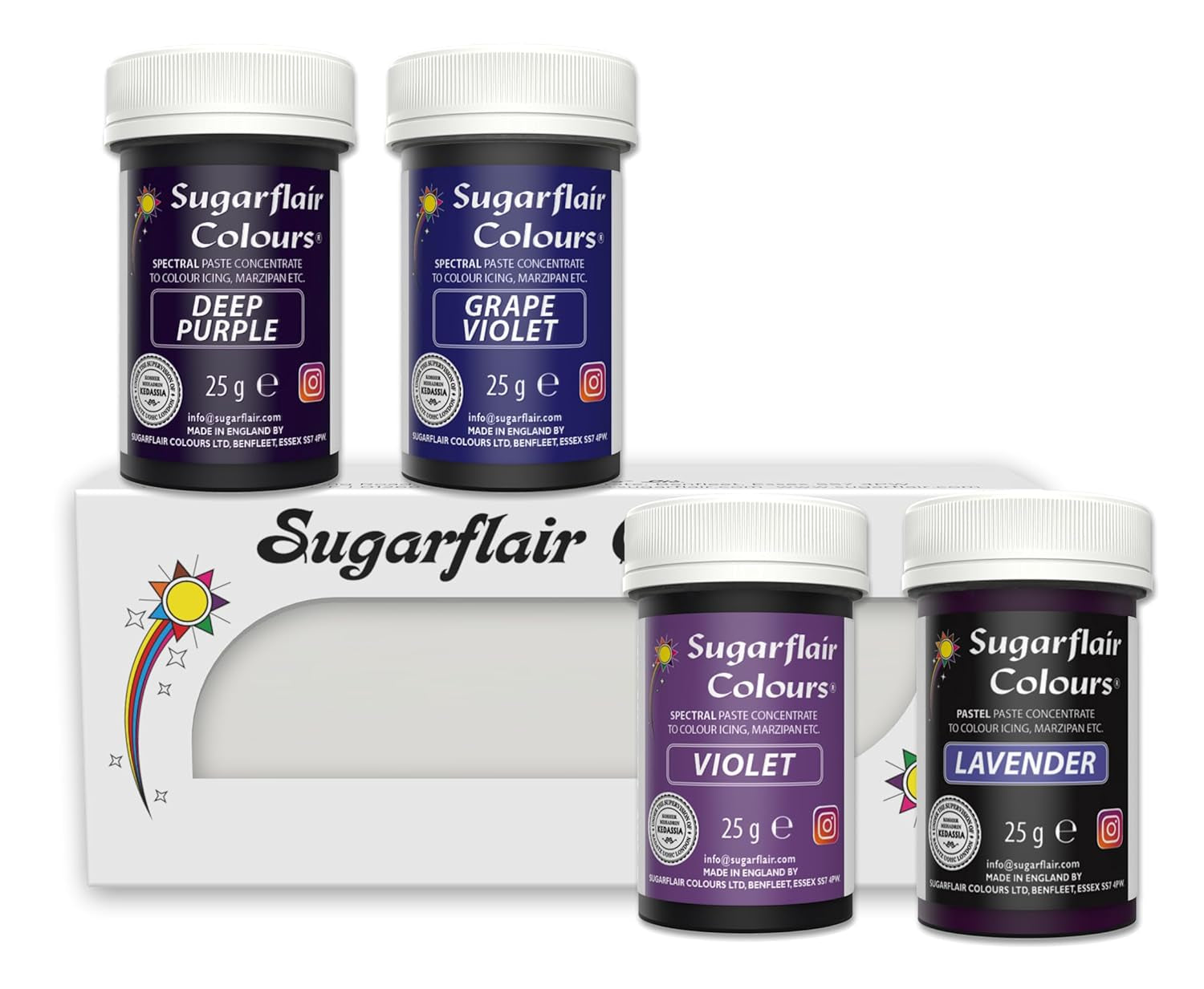 Sugarflair Pasta Colorant Alimentaire Violet Lot de 4 Pâtes Colorant Alimentaire Fondant Massepain Pâte à Sucre Crème Au Beurre et Plus encore : Violet, Lavande, Raisin Violet, Violet Foncé - Lot de 4