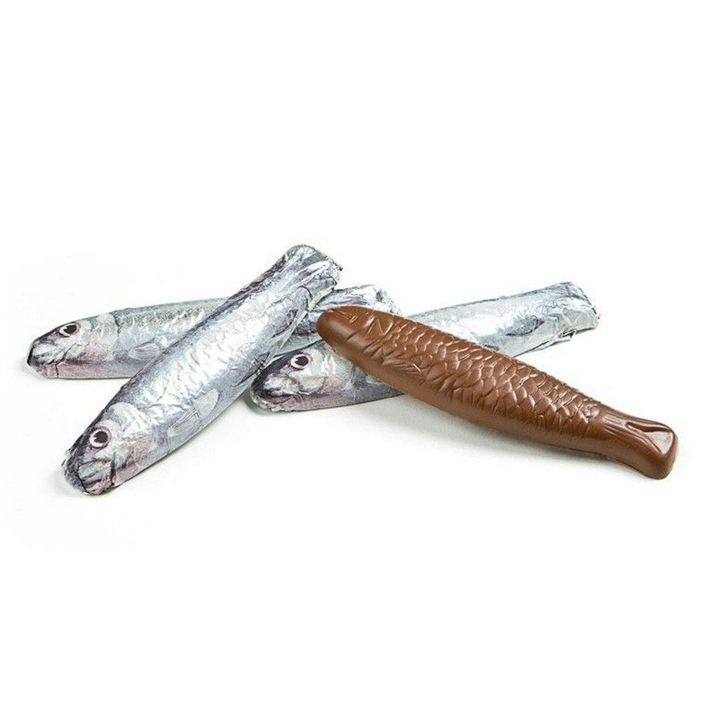 Sardines au chocolat - en conserve - cinq poissons au chocolat | Cadeau drôle de chocolat | Poisson au chocolat | Figurines de poissons | Pas d'alcool