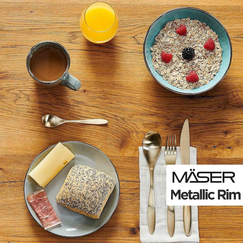 MÄSER Metallic Rim, Modernes Geschirr Set Für 4 Personen Mit Messingfarbenem Rand, 16-Teiliges Kombiservice Mit Randlosen Coupe-Formen, Steinzeug, Grau Vaisselle Naty Shop