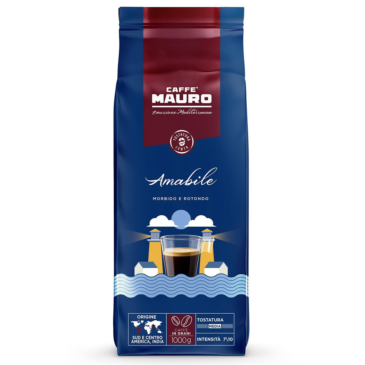Caffè Mauro - Café en grains - 1 Kg - Mélange Avvolgente - Torréfaction moyenne - Intensité 8/10 - Fabriqué en Italie Café Naty Shop Amabile Mischung