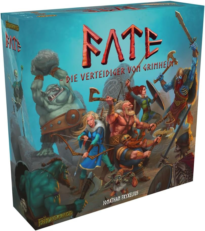 Fate : Defenders of Grimhelm, ELSNER Games, jeu de société coopératif fantastique, stratégie de défense de tour, 1 à 4 joueurs, 14 ans et plus, aventure épique, héros et magie, jeu tactique, FryxGames