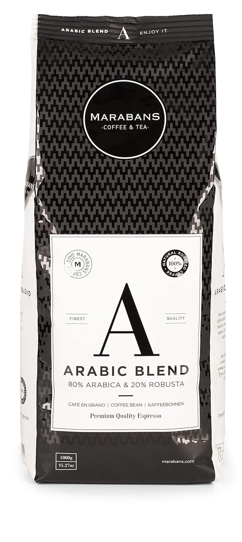 Café en grains Marabans Arabic Blend, paquet de 1 kg - ARABICA 80% ROBUSTA : 20% - Texture crémeuse - Torréfaction 100% naturelle