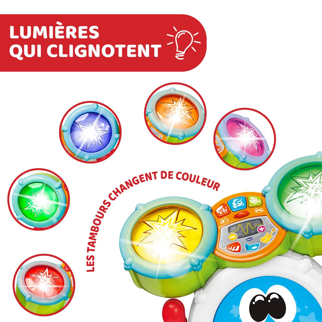 Chicco 00009820100000 Mi First Batterie avec lumières et sons, 3 modes de jeu, instrument de musique avec batterie pour enfants, multicolore, grand Jucarii Bebe Naty Shop