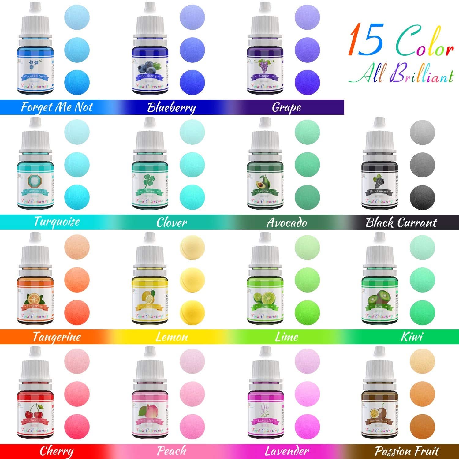 Lot de 15 colorants alimentaires liquides, 6 ml de chaque couleur Naty Shop