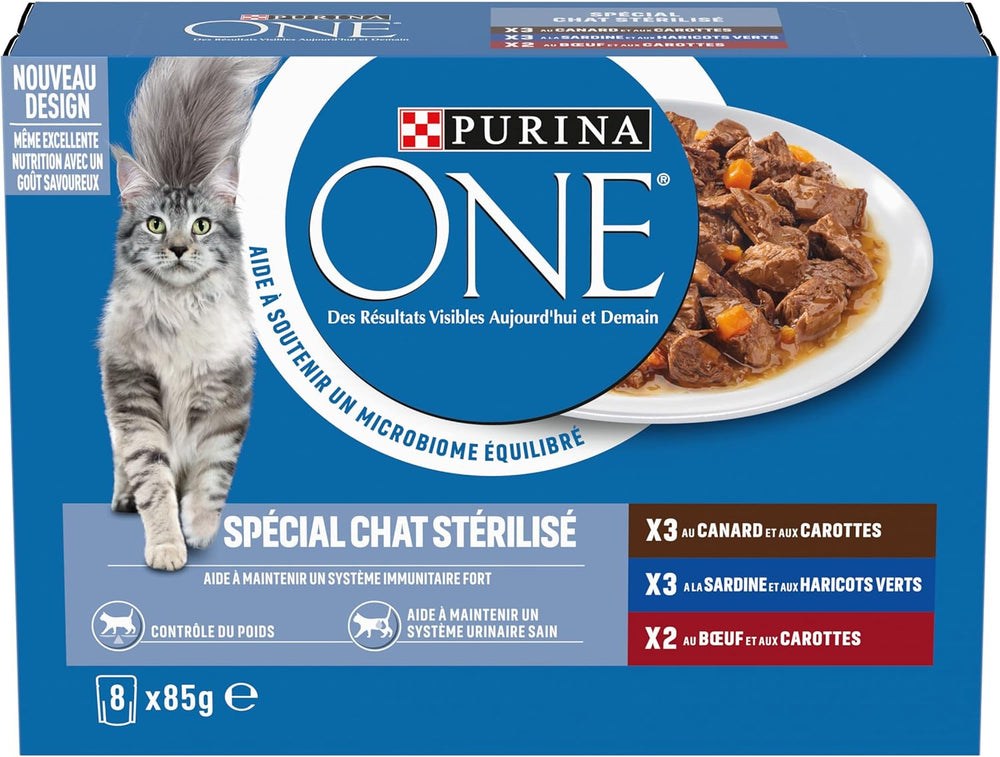 PURINA UN | BIFENSIE | Aliments pour chats adultes stérilisés | Soutient la vitalité, les os, les muscles et les articulations du chat | En sauce | Pochettes au canard, sardines, bœuf, fraîcheur | 1 pièce (8x85g)