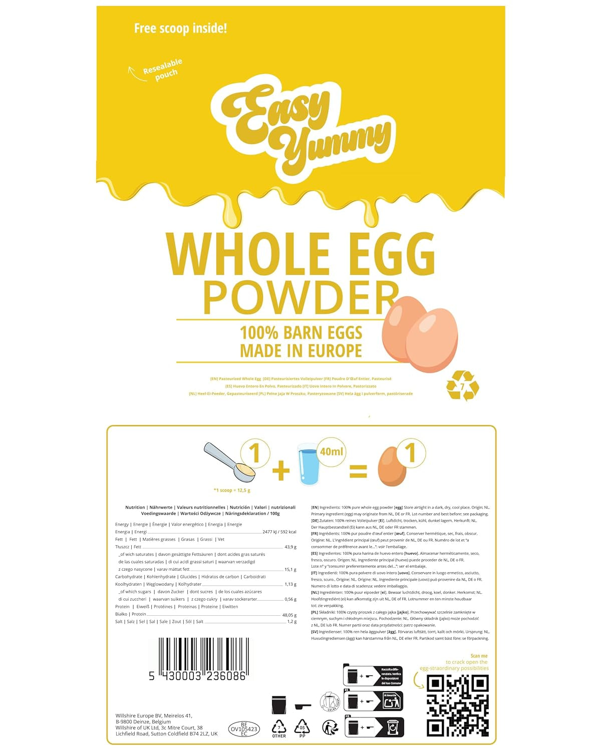 EASY YUMMY - Vollei-Eipulver (1000g = 80 Eier) aus Regionalen Niederländischen Freiland-Eiern | mythe 1-Ei-Messlöffel | Wiederverschließbarer Beutel, longue Haltbarkeit | Rührei, Cuisines, Backen | 100% eux