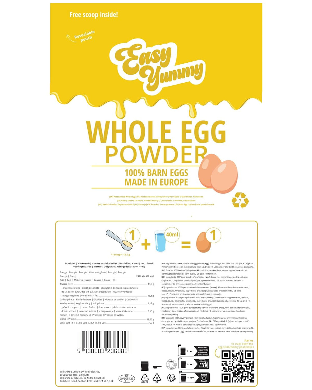 EASY YUMMY - Vollei-Eipulver (1000g = 80 Eier) aus Regionalen Niederländischen Freiland-Eiern | mythe 1-Ei-Messlöffel | Wiederverschließbarer Beutel, longue Haltbarkeit | Rührei, Cuisines, Backen | 100% eux