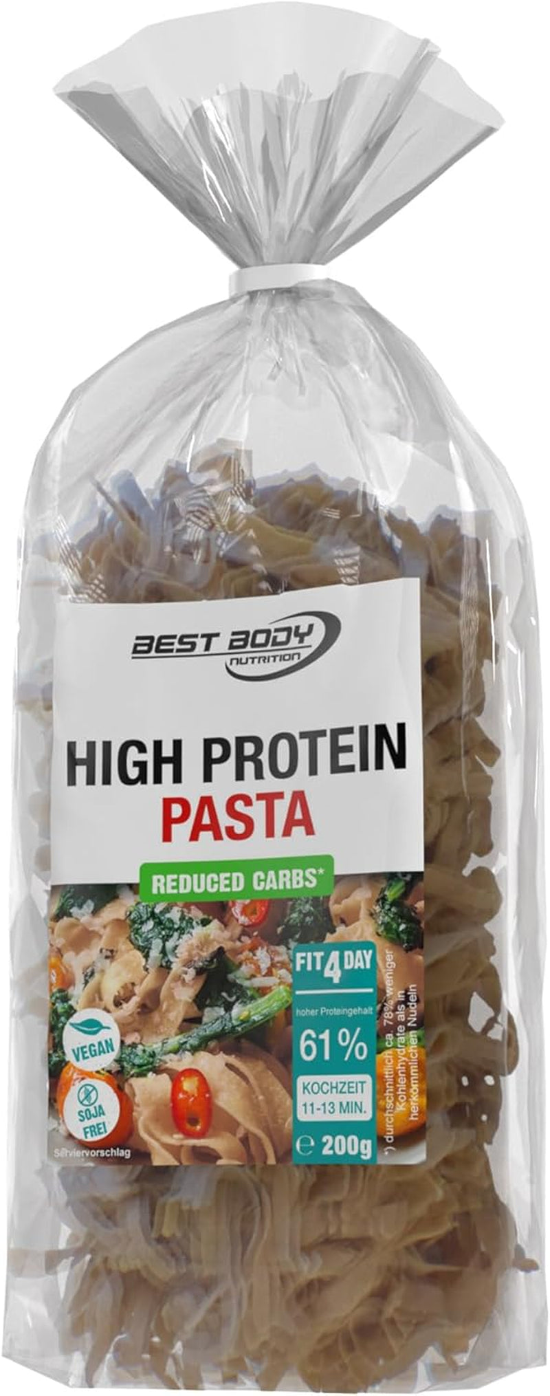 Pâtes protéinées Best Body Nutrition 6 x 200 g - Tagliatelles riches en protéines Fit4Day - 61 % de protéines, faible teneur en glucides, végétaliennes et sans lactose, sans soja - Protéines de pois de haute qualité - Pour les régimes faibles en glucides