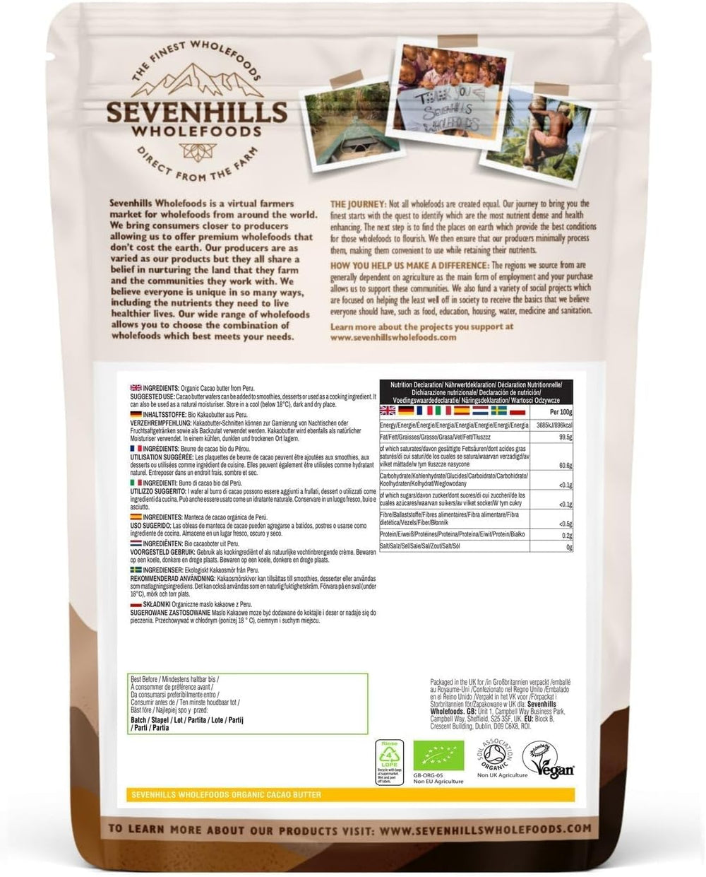 Sevenhills Wholefoods Kakaobutter Bio 200g, Rein et Naturel, Qualité Premium