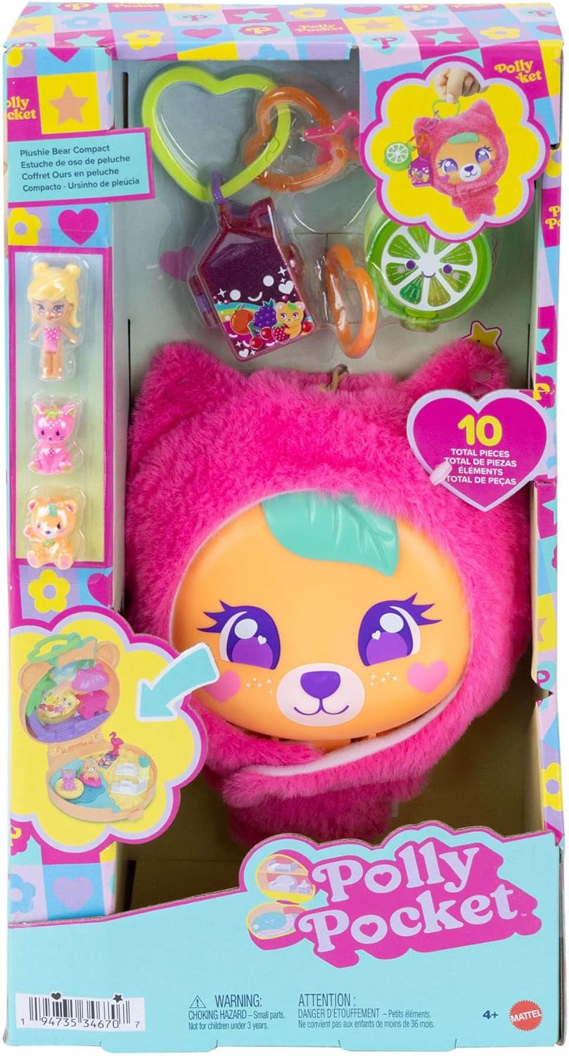 Polly Pocket Puppen- und Haustier-Spielset, Plüschbär-Schatulle, Schlüsselanhänger und Plüschtier, Obst-Zubehörteile und Anhänger, JKC79