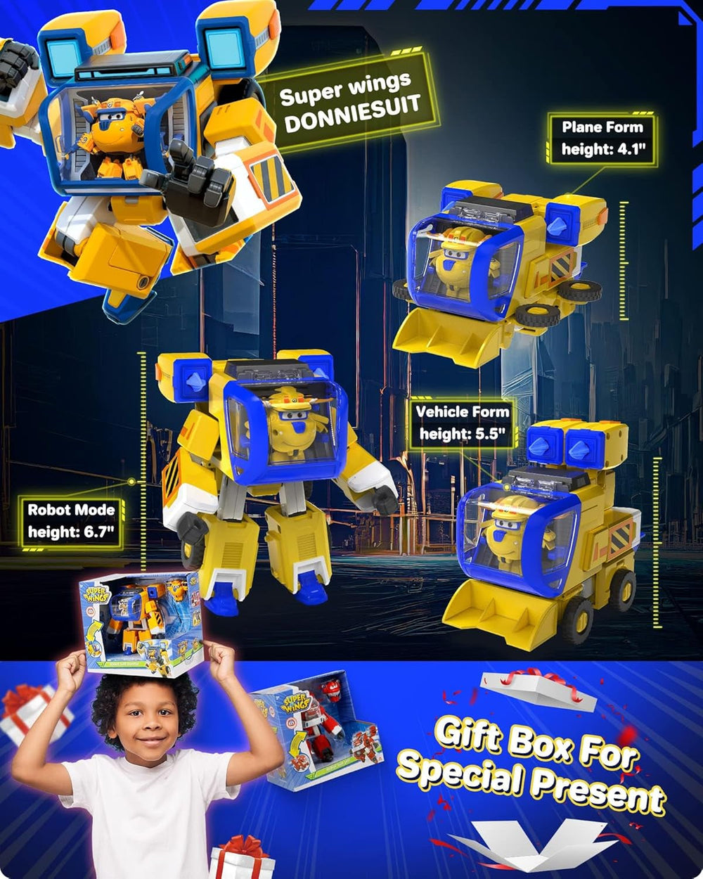 Super Wings EU750322 - Transformation du nouveau costume de robot Donnie, env. Grande figurine d'action de 23cm pour enfants, jouet Transformable, avion et Robot, figurines d'action jaunes, boutique Naty